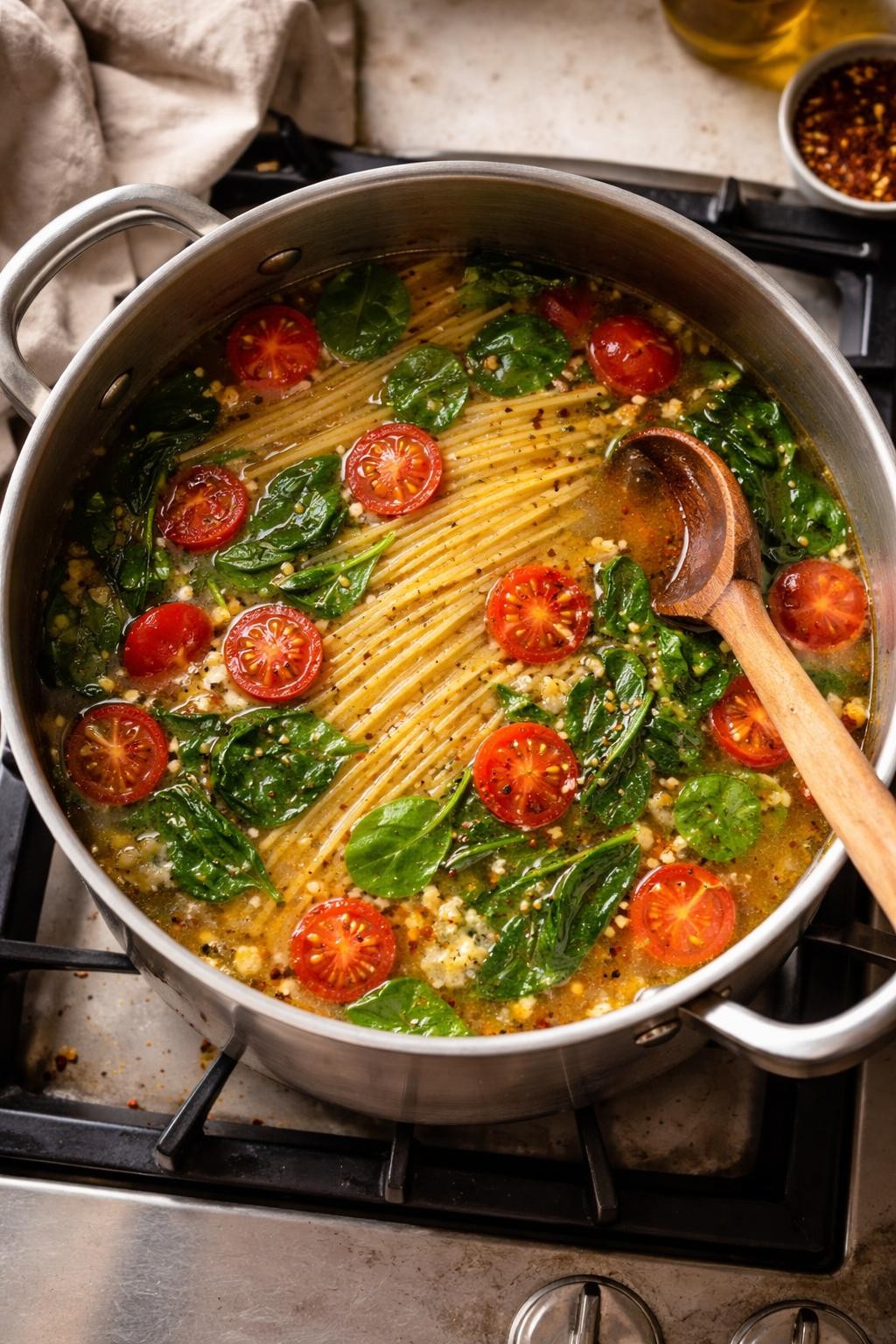 Photo prompt: Realistic top-down editorial food photography of a large pot on a stove, filled with uncooked pasta, cherry tomatoes, spinach, and broth, all simmering together. A wooden spoon. Warm natural light, no-strain pasta method mood, no people, no hands, no text, no watermarks, no props with writing.