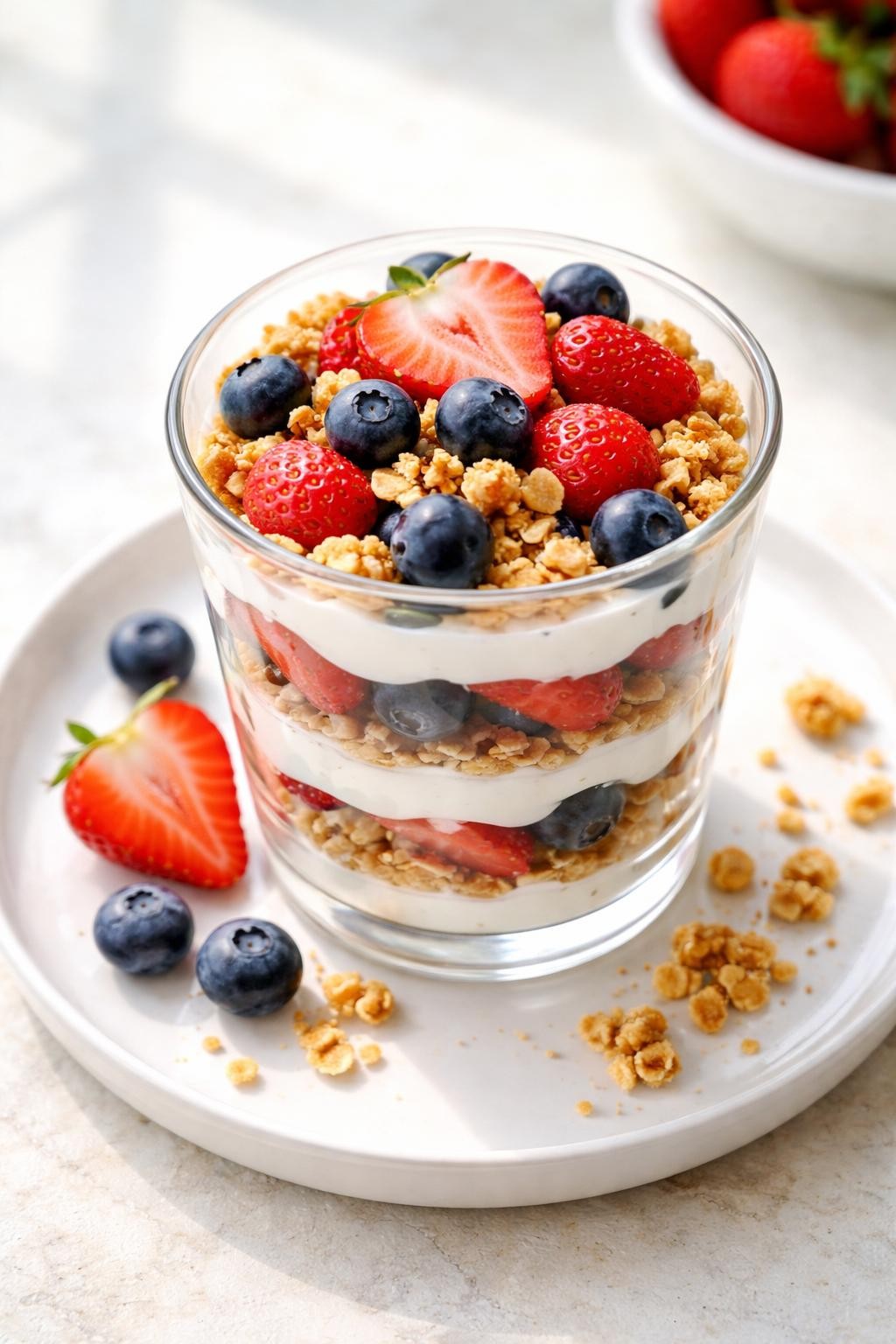 Photo prompt: Realistic top-down food photography of a clear glass parfait cup layered with thick white Greek yogurt, deep red strawberries, purple blueberries, and golden granola. The layers are neat and visible from the side. A few loose berries and granola crumbs sit on a white plate next to the cup. Bright natural window light, fresh and cheerful breakfast mood, no people, no hands, no text, no watermarks, no props with writing.
