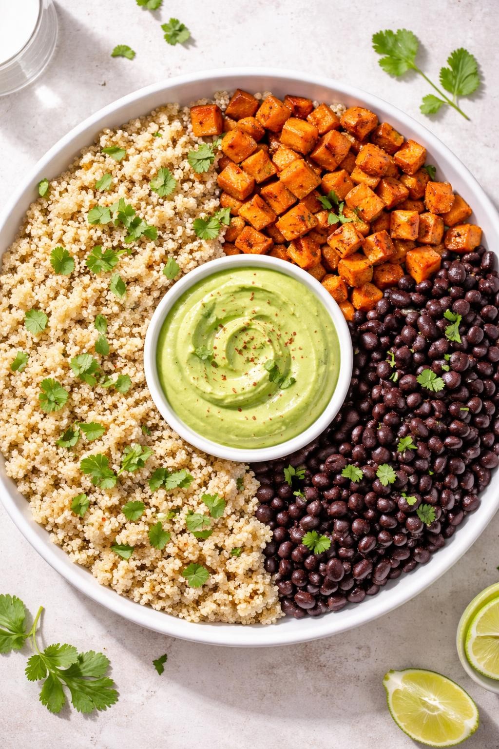 Prompt: Realistic top-down editorial food photography of a large white platter divided into three sections: cooked quinoa on one side, roasted sweet potatoes and black beans on another, and a bowl of avocado-lime dressing in the center. A few cilantro leaves are scattered around. Bright natural light, colorful and balanced vegetarian meal prep styling, no people, no hands, no text, no watermarks, no props with writing.