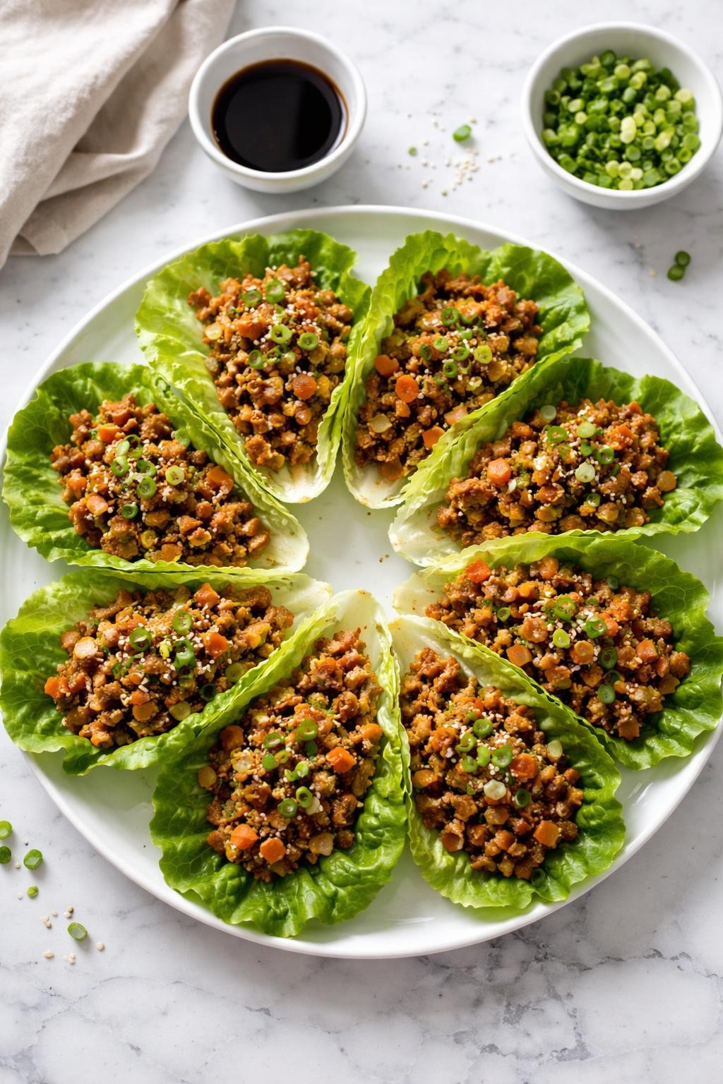 Image Prompt: Top-down realistic editorial food photography of vegan TVP lettuce wraps on a clean white and gray marble countertop, crisp lettuce cups filled with savory TVP, diced carrots, green onions, and sesame seeds, arranged neatly on a plate, fresh homemade dinner mood, bright natural window lighting, soft shadows, clean composition, high detail, no people, no hands, no text, no watermarks, no props with writing.