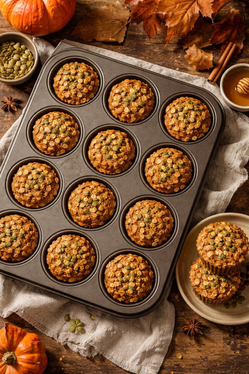 "Overhead realistic shot of a muffin tin filled with twelve baked oatmeal cups, each a warm orange-brown color with a sprinkle of pepitas on top. A few cups removed and stacked on a plate. Soft autumn light, cozy seasonal breakfast prep, no people, no hands, no text, no watermarks."
