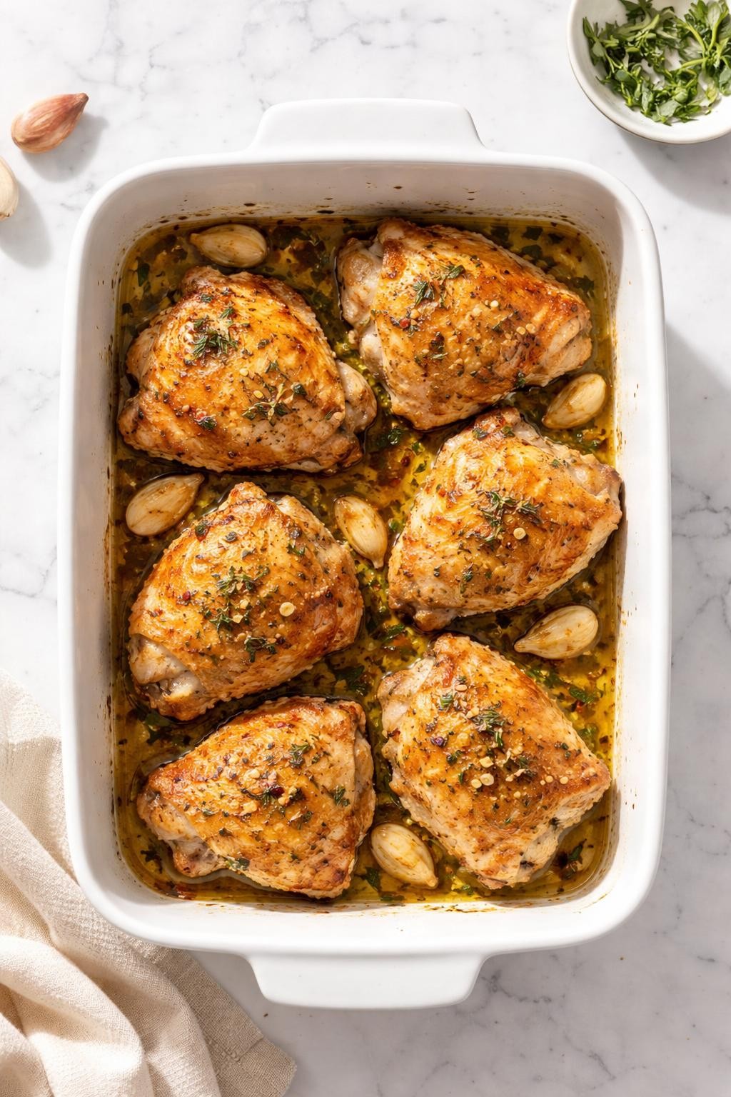 Image Prompt: Top-down realistic editorial food photography of baked Italian chicken thighs on a clean white marble countertop, golden roasted chicken thighs seasoned with garlic, olive oil, and herbs in a baking dish, warm simple homemade dinner mood, bright natural daylight, soft shadows, clean styling, high detail, no people, no hands, no text, no watermarks, no props with writing.