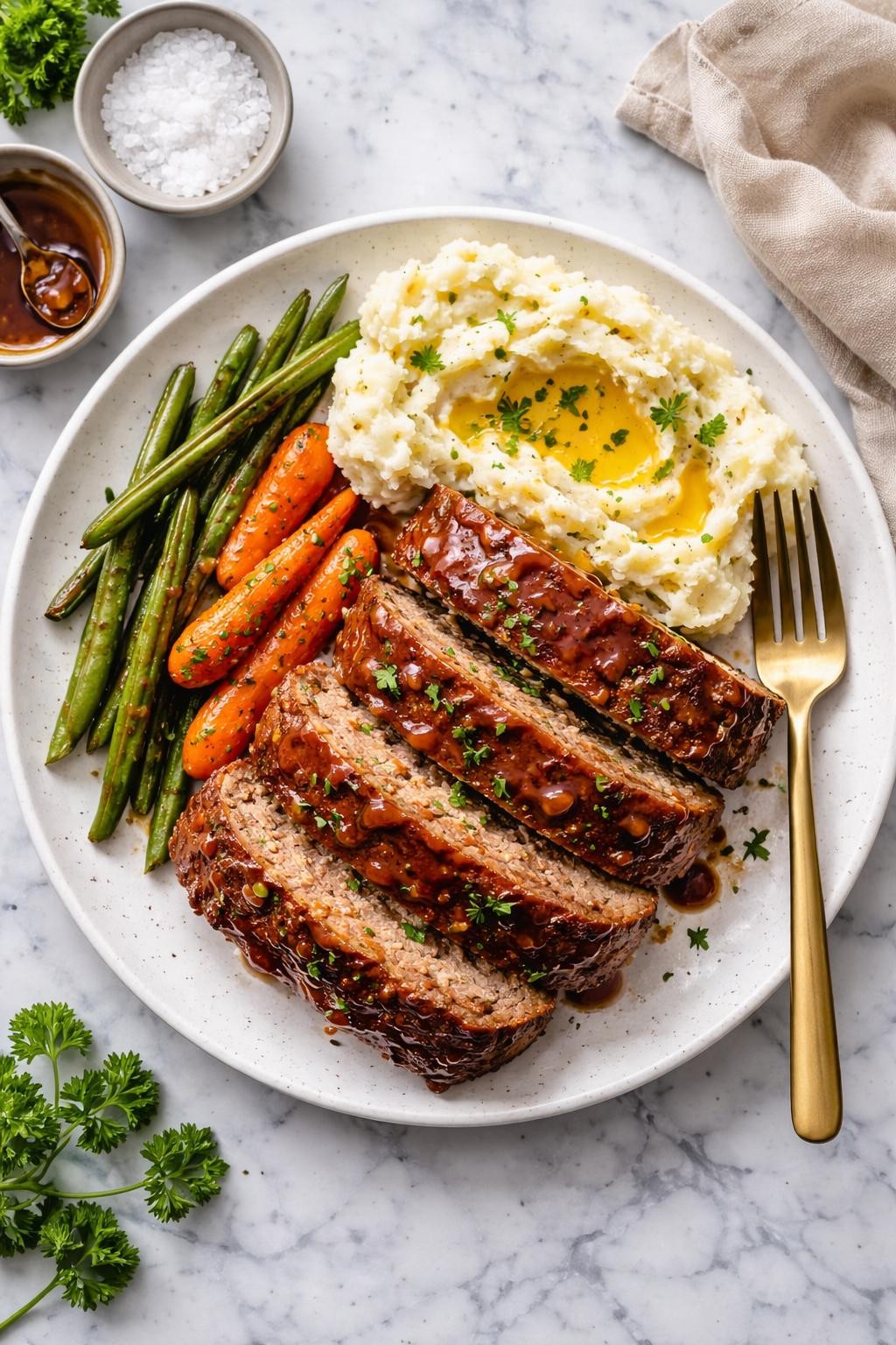 An overheard picture view of a plate of Not Your Grandmother's Meatloaf sitting on a marble countertop table in the kitchen, professional food photography style.