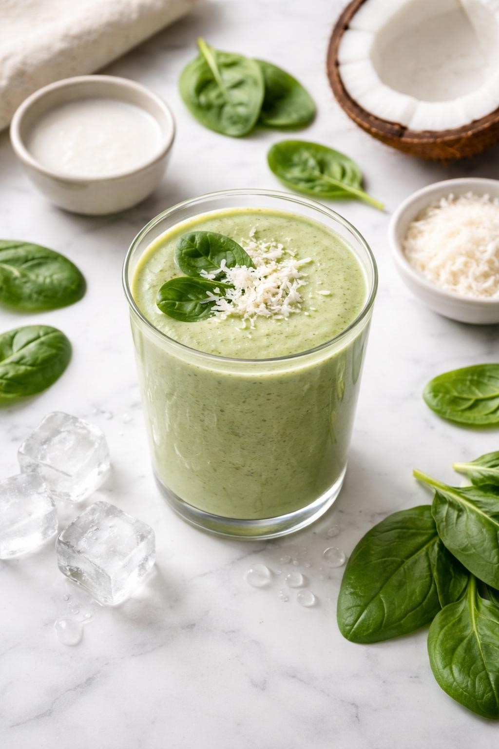Realistic top-down editorial food photography of a keto spinach coconut smoothie in a clear glass on a white marble countertop. The smoothie is pale green, creamy, and smooth, styled with spinach leaves, coconut flakes, a small dish of coconut milk, and a few ice cubes nearby. Bright natural daylight, clean healthy breakfast styling, high detail, realistic smoothie texture, no people, no hands, no text, no watermarks, no props with writing.