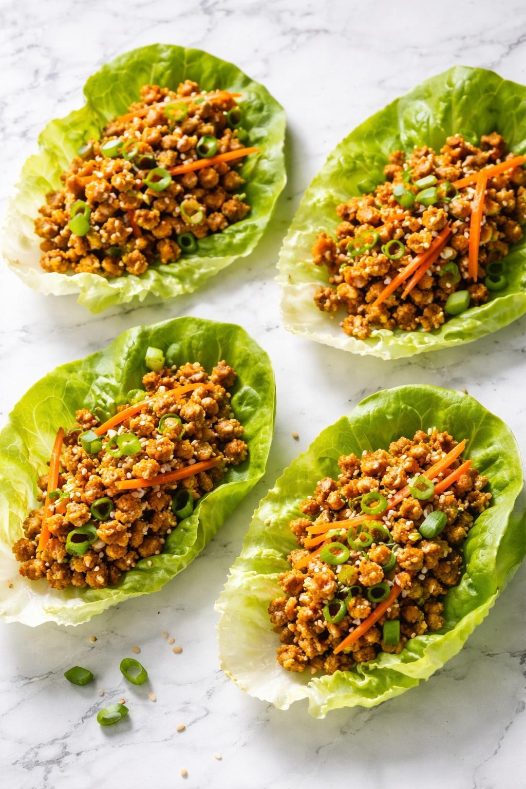 Image Prompt: Top-down realistic editorial food photography of homemade vegan tempeh lettuce wraps on a clean white and gray marble countertop, crisp lettuce cups filled with crumbled savory tempeh, carrots, and green onions, sprinkled with sesame seeds, fresh light homemade meal mood, bright natural window lighting, soft shadows, high detail, no people, no hands, no text, no watermarks, no props with writing.