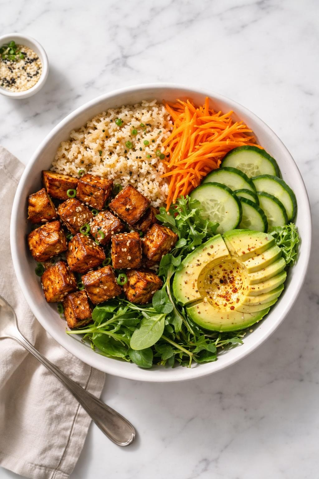 Image Prompt: Top-down realistic editorial food photography of a homemade vegan tempeh buddha bowl on a clean white marble countertop, bowl filled with browned tempeh, cooked rice, shredded carrots, cucumber, avocado, and greens arranged neatly in sections, fresh hearty homemade meal mood, bright natural daylight, soft shadows, clean styling, high detail, no people, no hands, no text, no watermarks, no props with writing.