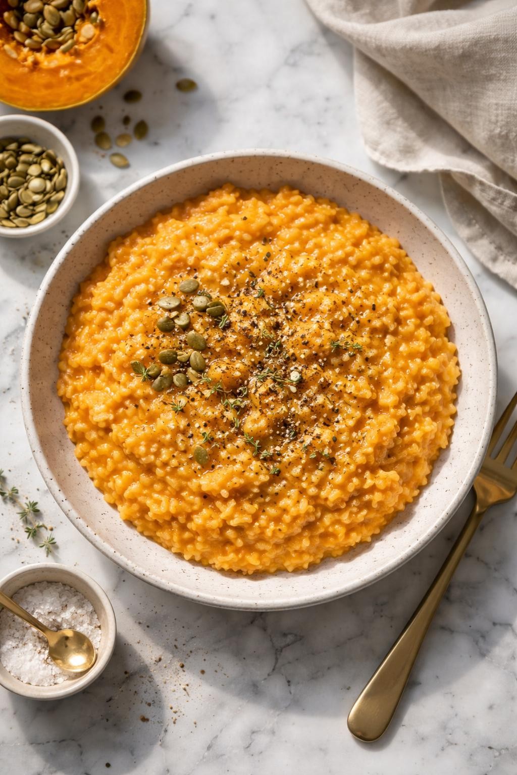 Image Prompt: Top-down realistic food photography of creamy vegan pumpkin risotto in a shallow bowl on a white and gray marble countertop, smooth orange-tinted arborio rice with a rich glossy texture and cracked black pepper on top, cozy homemade fall dinner styling, bright natural daylight, clean editorial composition, high detail, no people, no hands, no text, no watermarks, no props with writing.