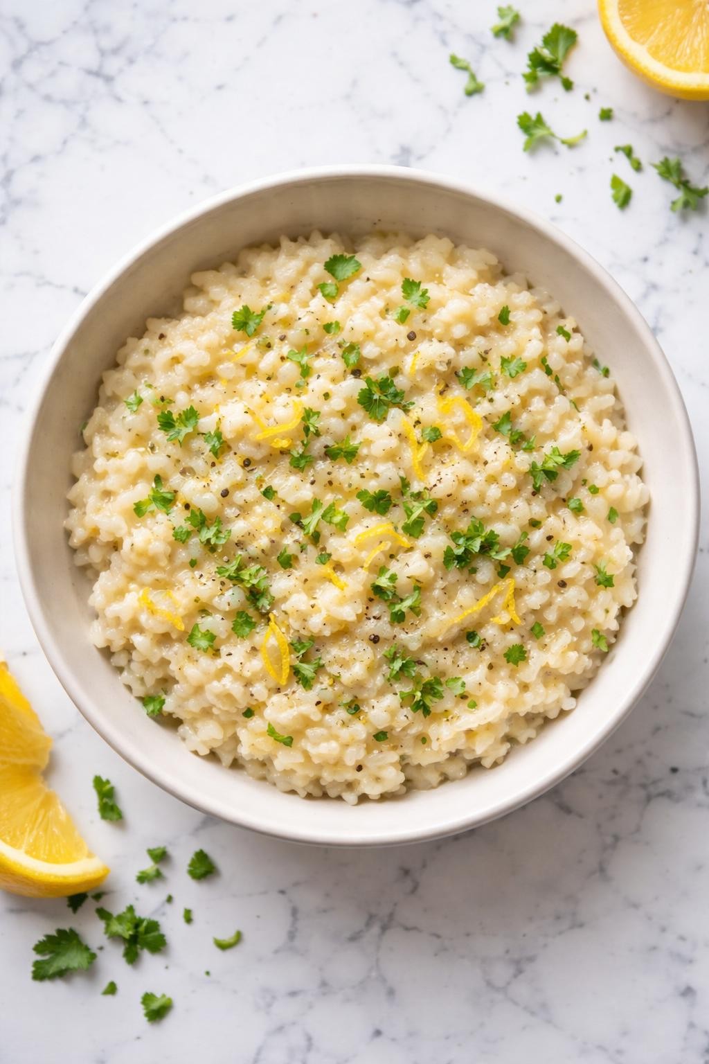 Image Prompt: Top-down realistic food photography of lemon garlic vegan risotto in a simple bowl on a bright white marble countertop, creamy arborio rice with lemon zest, garlic, and parsley, soft glossy texture with a light fresh finish, homemade vegan dinner styling, natural daylight, clean editorial composition, high detail, no people, no hands, no text, no watermarks, no props with writing.