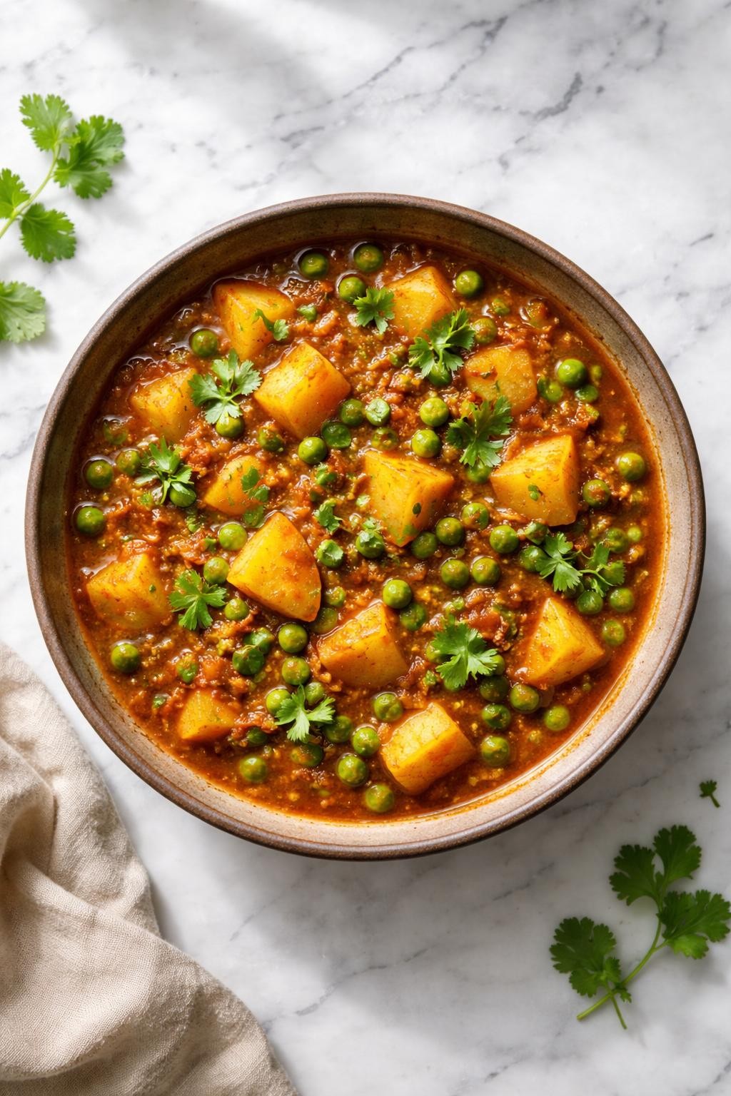 Image Prompt: Realistic top-down editorial food photography of aloo matar in a rustic bowl on a clean white and gray marble countertop, potatoes and green peas in a rich tomato onion curry with cumin, turmeric, and cilantro, cozy homemade vegan Indian meal mood, bright natural window lighting, soft shadows, clean composition, high detail, realistic food texture, no people, no hands, no text, no watermarks, no props with writing.