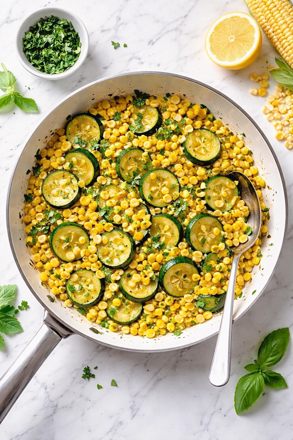 Image Prompt: Top-down realistic editorial food photography of sweet corn and zucchini sauté on a bright white marble countertop, sliced zucchini and yellow corn kernels cooked until tender with herbs in a simple skillet side dish, fresh homemade summer food styling, natural daylight, clean composition, high detail, no people, no hands, no text, no watermarks, no props with writing.