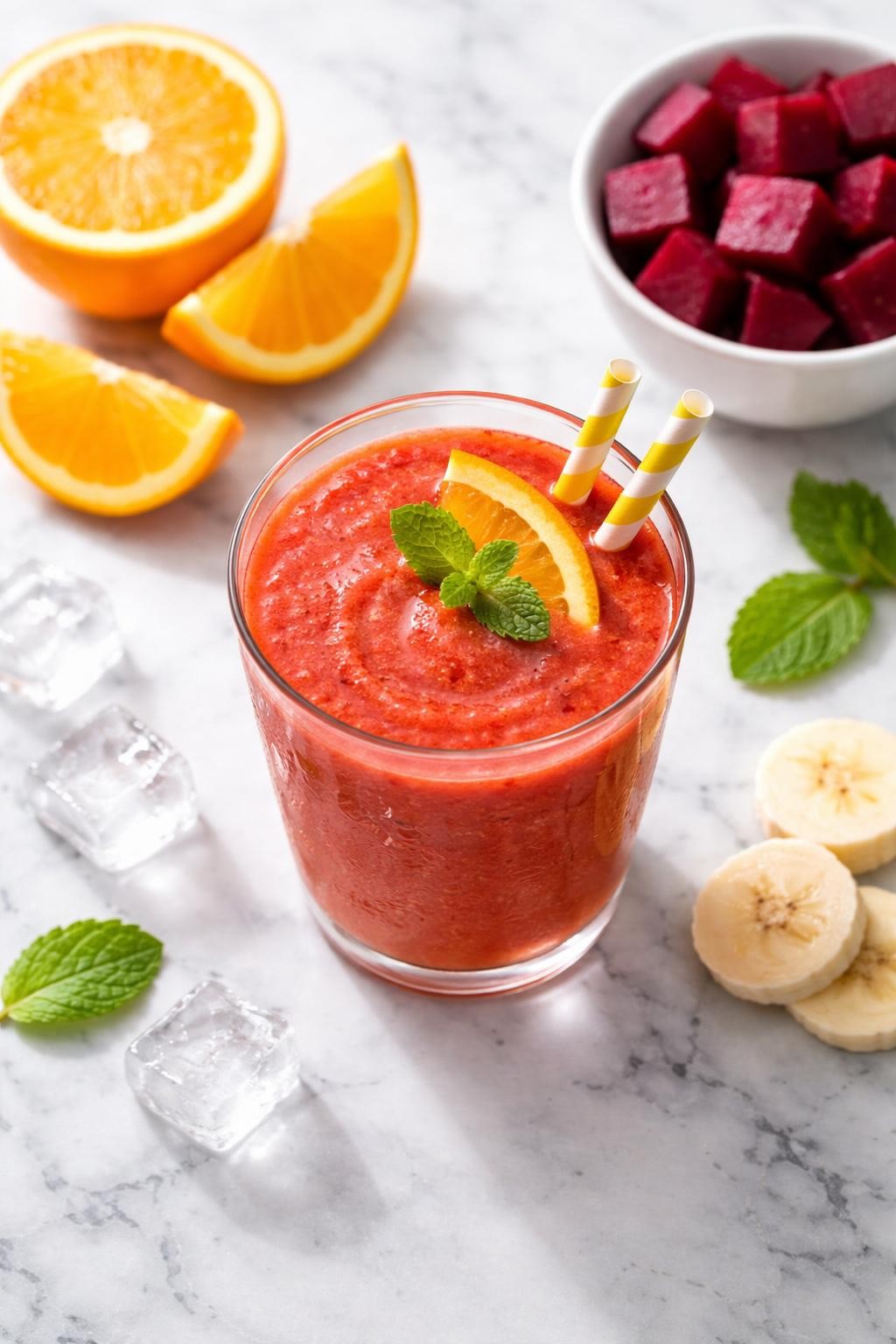 Realistic top-down editorial food photography of a beet orange smoothie in a clear glass on a clean white and gray marble countertop. The smoothie is rich red-orange, smooth, fresh, and bright, styled with orange slices, beet cubes, banana rounds, and a few ice cubes nearby. Bright natural daylight, clean citrus smoothie styling, realistic texture, high detail, no people, no hands, no text, no watermarks, no props with writing.