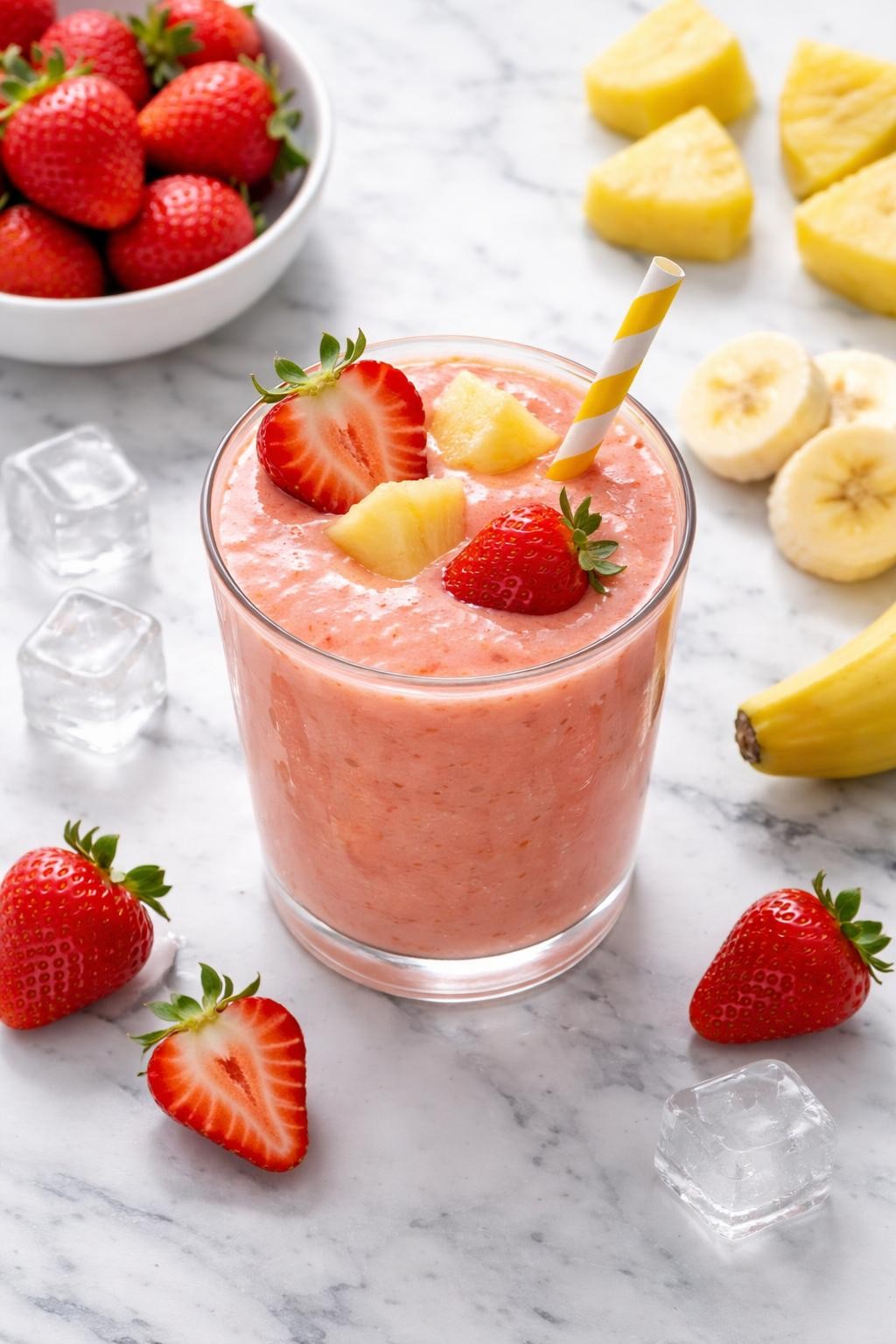 Realistic top-down editorial food photography of a strawberry pineapple smoothie in a clear glass on a clean white and gray marble countertop. The smoothie is pink-orange, creamy, and smooth, styled with fresh strawberries, pineapple chunks, banana slices, and a few ice cubes nearby. Soft natural daylight, clean fruity breakfast mood, high detail, realistic smoothie texture, no people, no hands, no text, no watermarks, no props with writing.