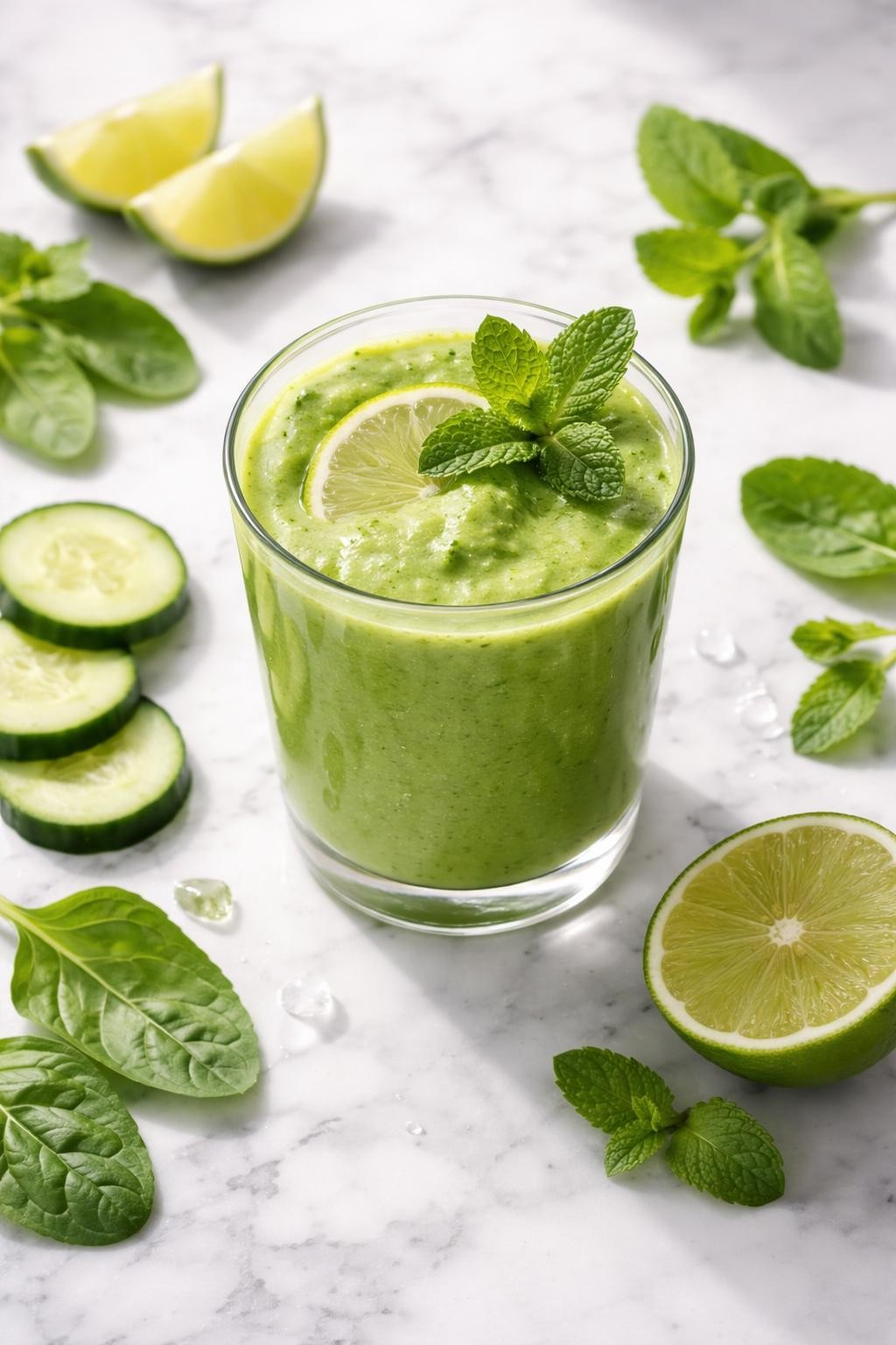 Realistic top-down food photography of a fresh mint lime green smoothie in a clear glass on a clean marble countertop. The smoothie is bright green and smooth, styled with fresh mint leaves, lime wedges, cucumber slices, and spinach leaves around the glass. Bright natural daylight, refreshing clean styling, high detail, realistic drink texture, no people, no hands, no text, no watermarks, no props with writing.