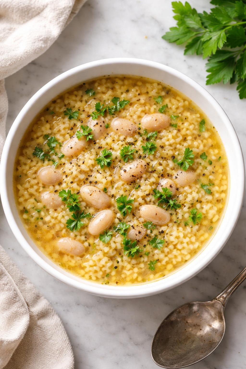 Image Prompt: Realistic top-down editorial food photography of pastina soup with white beans in a white ceramic bowl on a clean marble countertop, tiny pastina pasta in golden broth with white beans, parsley, and black pepper, cozy rustic homemade soup styling, bright natural daylight, no people, no hands, no text, no watermarks, no props with writing.