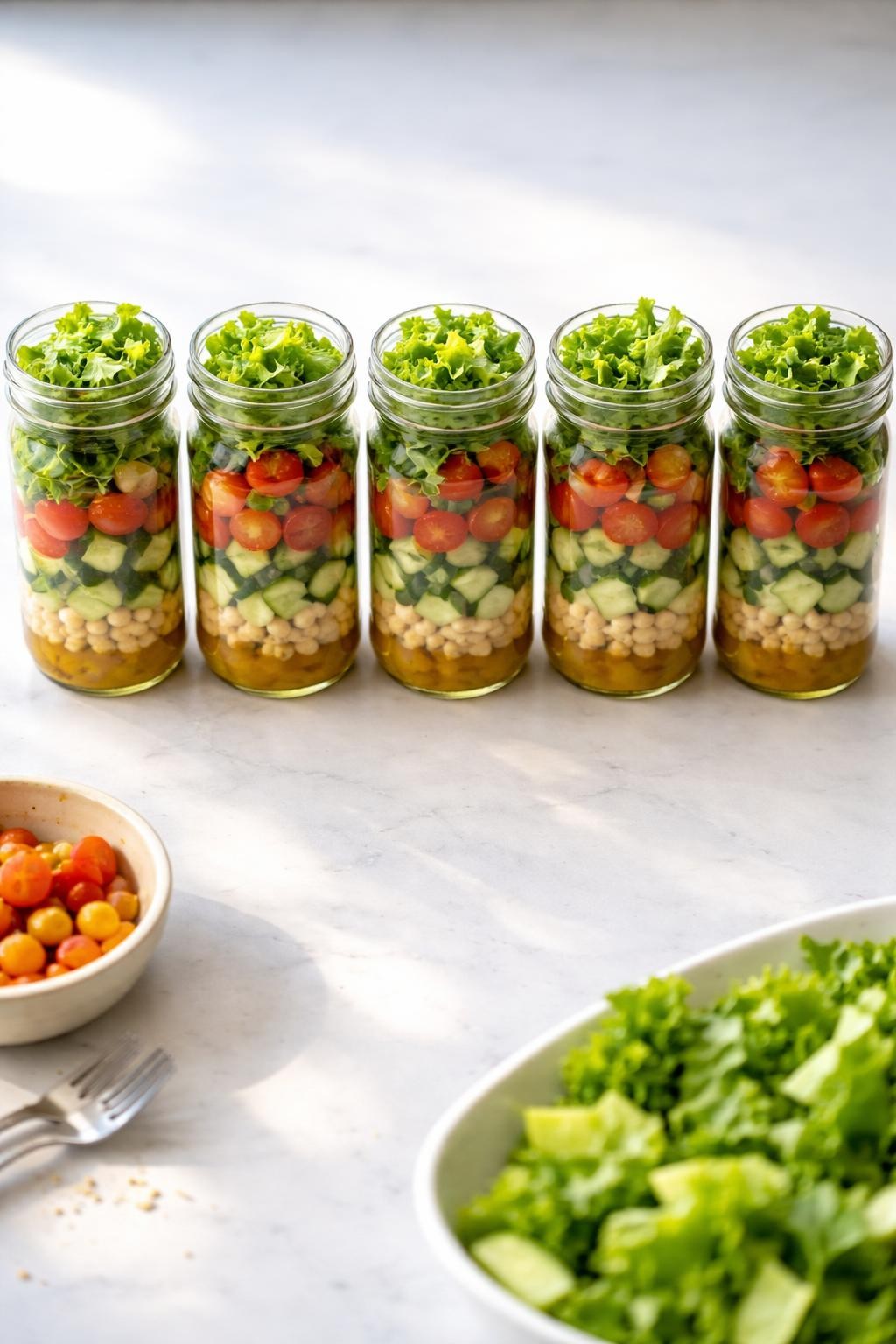Photo prompt: Realistic top-down editorial food photography of five glass mason jars lined up on a white countertop, each layered with dressing at the bottom, then chickpeas, cucumbers, tomatoes, and lettuce on top. Bright natural light, week-long salad prep mood, no people, no hands, no text, no watermarks, no props with writing.