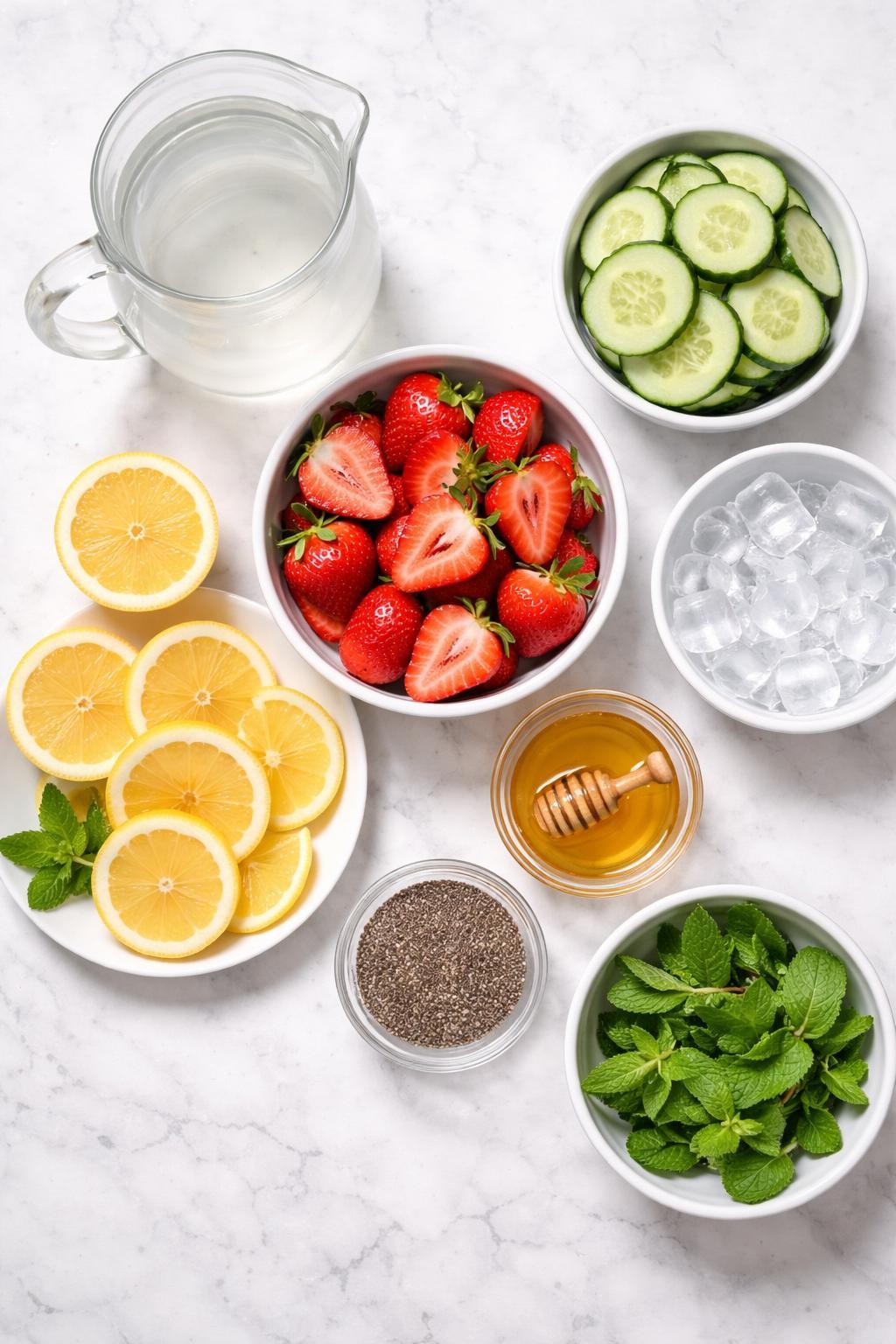 Prompt: A realistic top-down flat lay food photography shot of all ingredients for a best skin detox drink arranged neatly on a countertop marble table: unsweetened coconut water in a clear glass pitcher, fresh strawberries sliced in half, thin cucumber slices, fresh lemon halves and lemon rounds, fresh mint leaves, honey in a small clear bowl, chia seeds in a small clear bowl, and ice cubes in a small clear bowl. Clean natural lighting, fresh skin-friendly drink styling, neat composition, no people, no hands, no text, no watermarks, no props with writing.