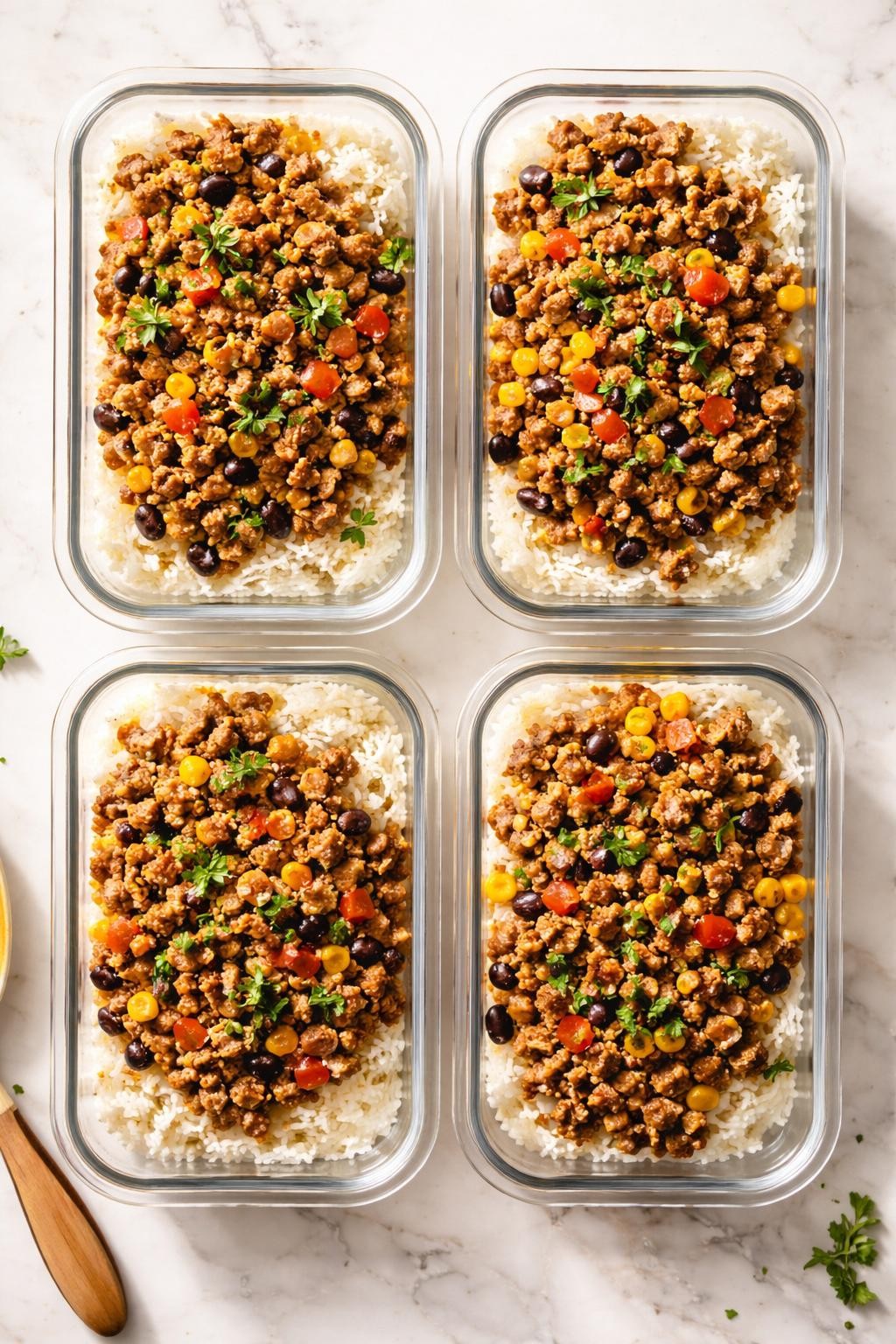 Image Prompt: Top-down realistic food photography of taco mince and rice in meal prep containers on a clean white marble countertop, seasoned ground beef over fluffy rice with sweet corn, black beans, diced tomatoes, and chopped parsley, homemade meal prep style with warm natural lighting, clean editorial food styling, high detail, realistic food texture, no people, no hands, no text, no watermarks, no props with writing.