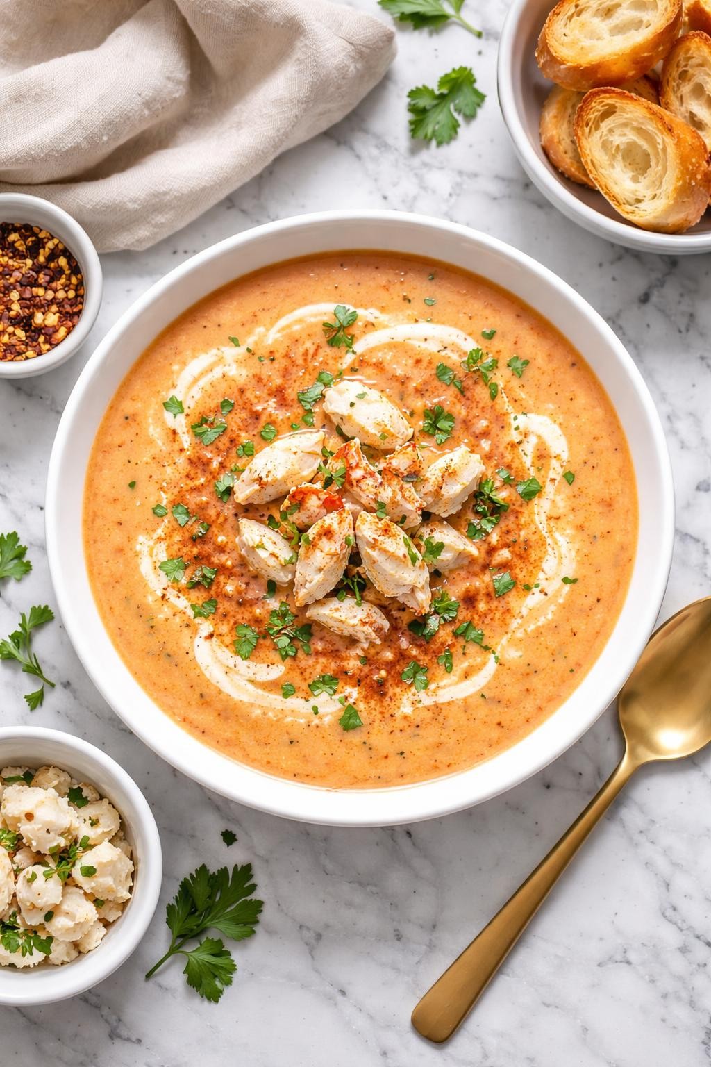 An overheard picture view of a plate of Easy Crab Bisque sitting on a marble countertop table in the kitchen, professional food photography style.