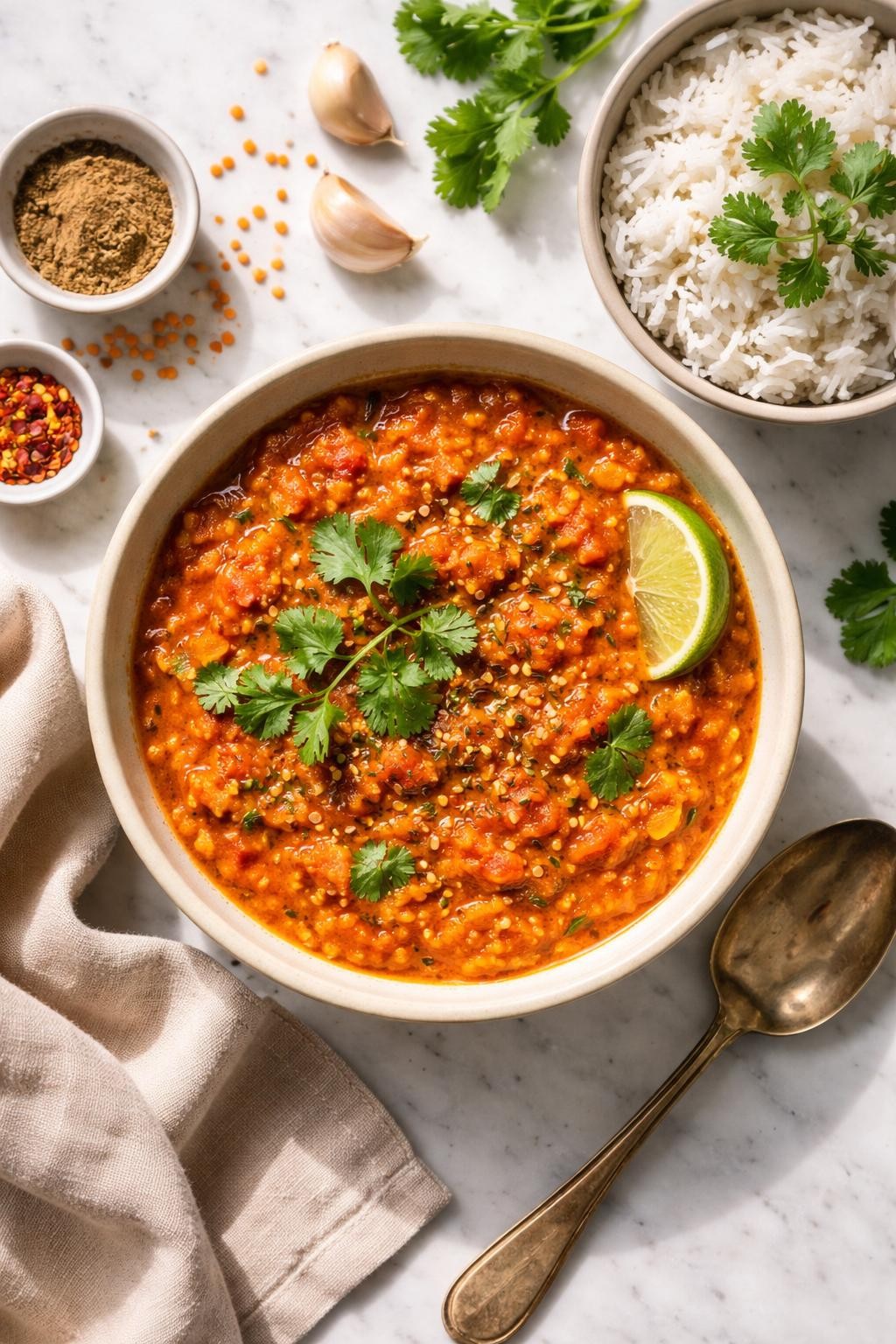 Image Prompt: Realistic top-down editorial food photography of masoor dal in a simple bowl on a white marble countertop, soft red lentils cooked into a warm orange-red curry with tomatoes, garlic, cumin, and cilantro, served with rice, cozy homemade vegan Indian meal styling, bright natural daylight, soft shadows, clean editorial composition, high detail, realistic texture, no people, no hands, no text, no watermarks, no props with writing.