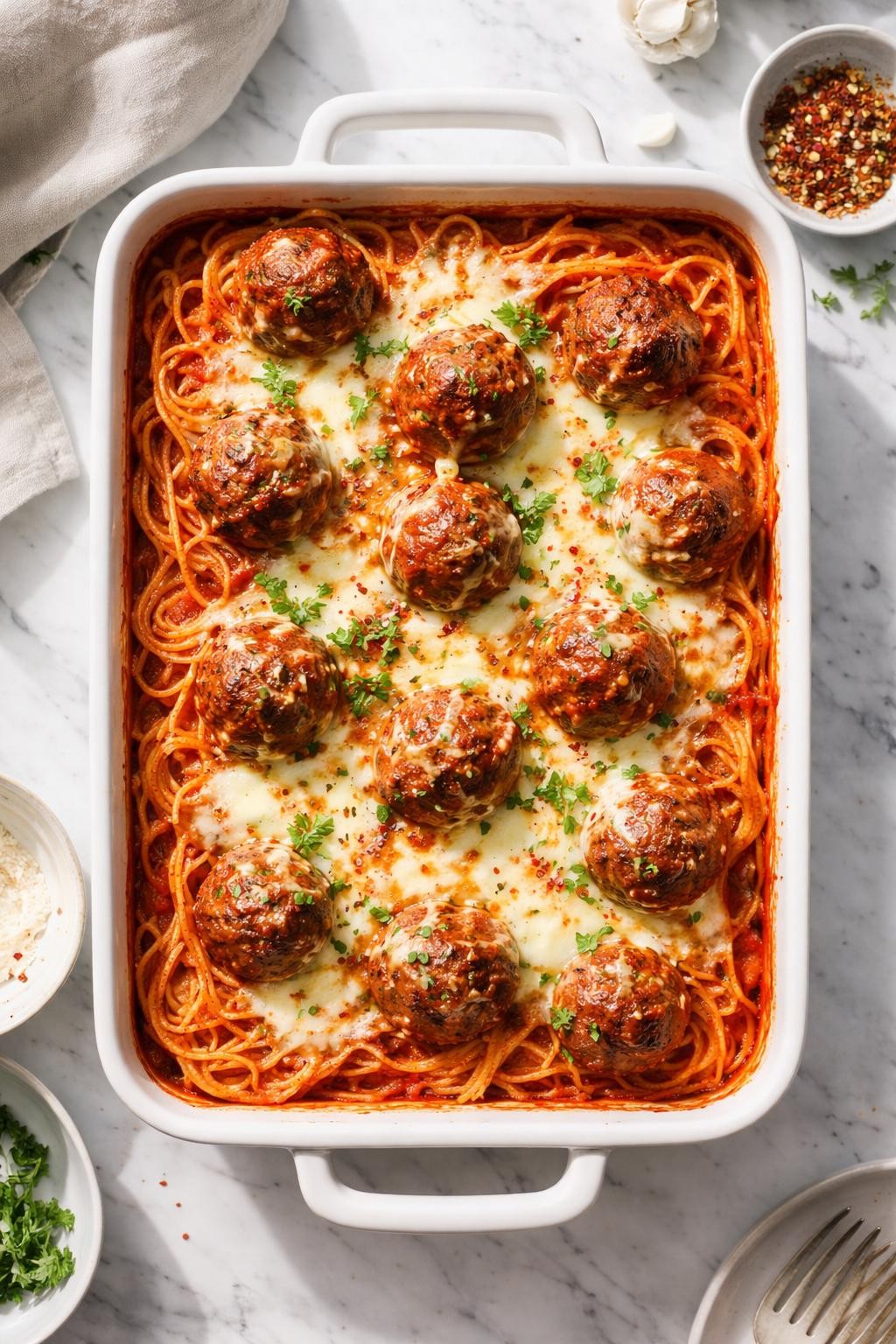 Prompt: Top-down realistic editorial food photography of spaghetti and meatballs bake in a ceramic baking dish on a clean white marble countertop, spaghetti noodles in rich tomato sauce topped with meatballs and melted mozzarella cheese, golden baked top with herbs scattered over it, warm homemade family dinner mood, bright natural daylight, soft shadows, clean composition, high detail, realistic food texture, no people, no hands, no text, no watermarks, no props with writing.