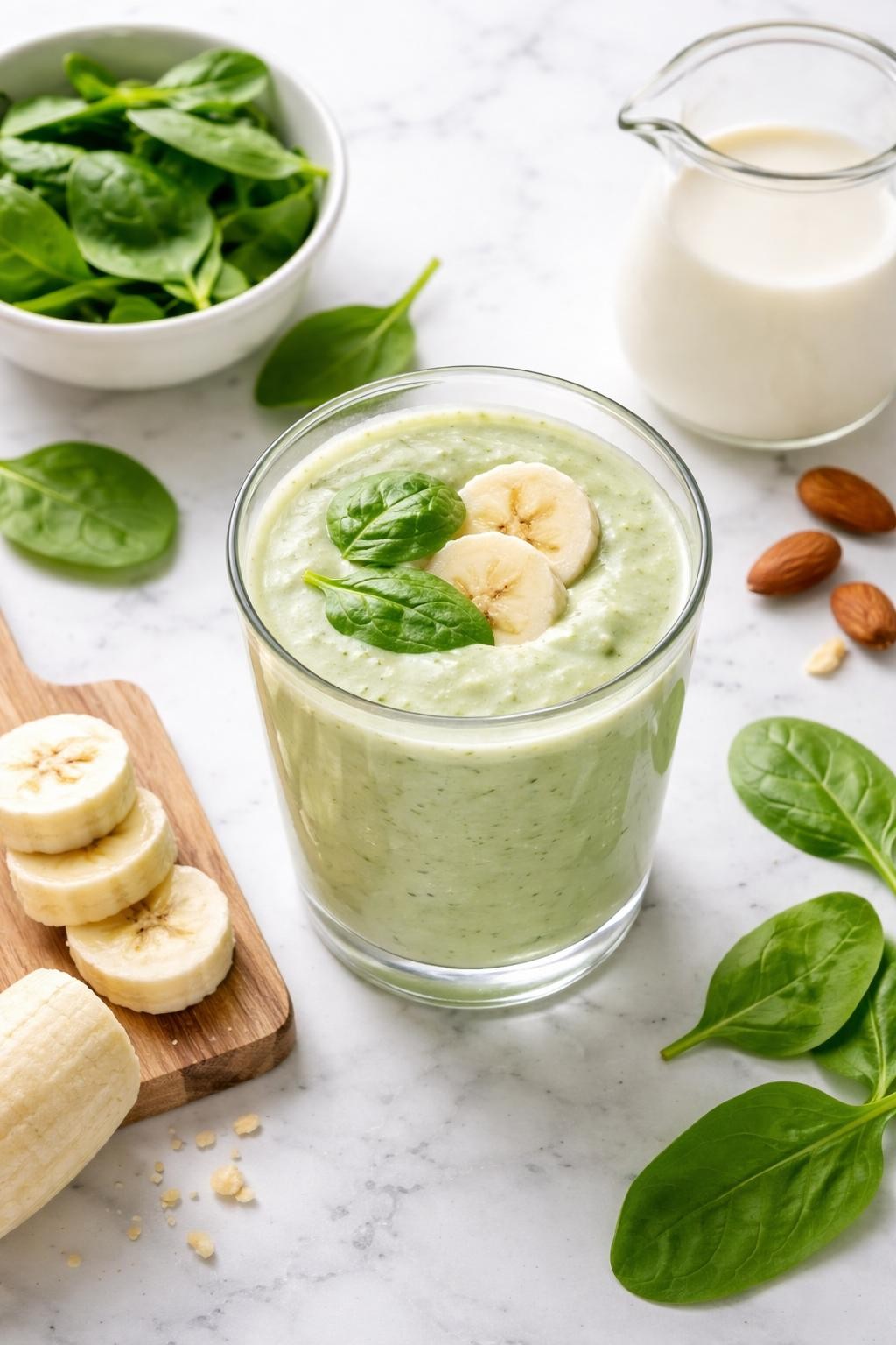 Realistic top-down editorial food photography of a 3-ingredient green banana smoothie in a clear glass on a clean white marble countertop. The smoothie is pale green, thick, creamy, and smooth, styled with fresh spinach leaves, banana slices, and almond milk nearby. Soft natural daylight, clean healthy breakfast styling, realistic creamy texture, high detail, no people, no hands, no text, no watermarks, no props with writing.