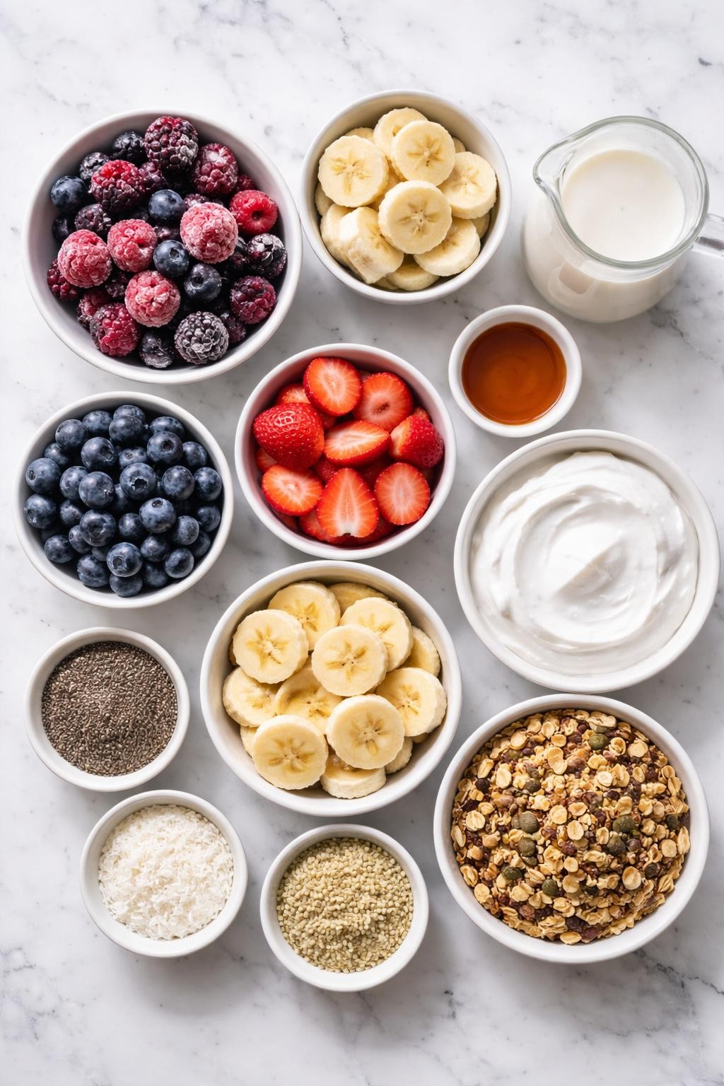 Prompt: A realistic top-down flat lay food photography image of vegan smoothie bowl ingredients arranged neatly on a countertop marble table. Include frozen mixed berries, frozen banana slices, thick coconut yogurt, unsweetened almond milk, maple syrup, fresh blueberries, sliced strawberries, fresh banana slices, vegan granola, chia seeds, shredded coconut, and hemp seeds. Clean bright natural light, simple organized layout, no people, no hands, no text, no watermarks, no props with writing.