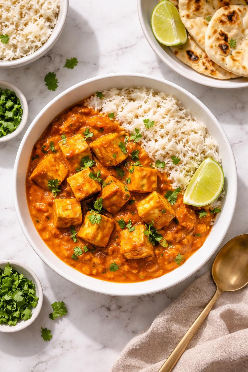Image Prompt: Realistic top-down editorial food photography of vegan tofu tikka masala in a white bowl on a white marble countertop, golden tofu cubes in a rich orange tomato coconut curry sauce with cilantro, served with rice, warm homemade Indian dinner styling, bright natural daylight, soft shadows, clean editorial composition, high detail, realistic texture, no people, no hands, no text, no watermarks, no props with writing.