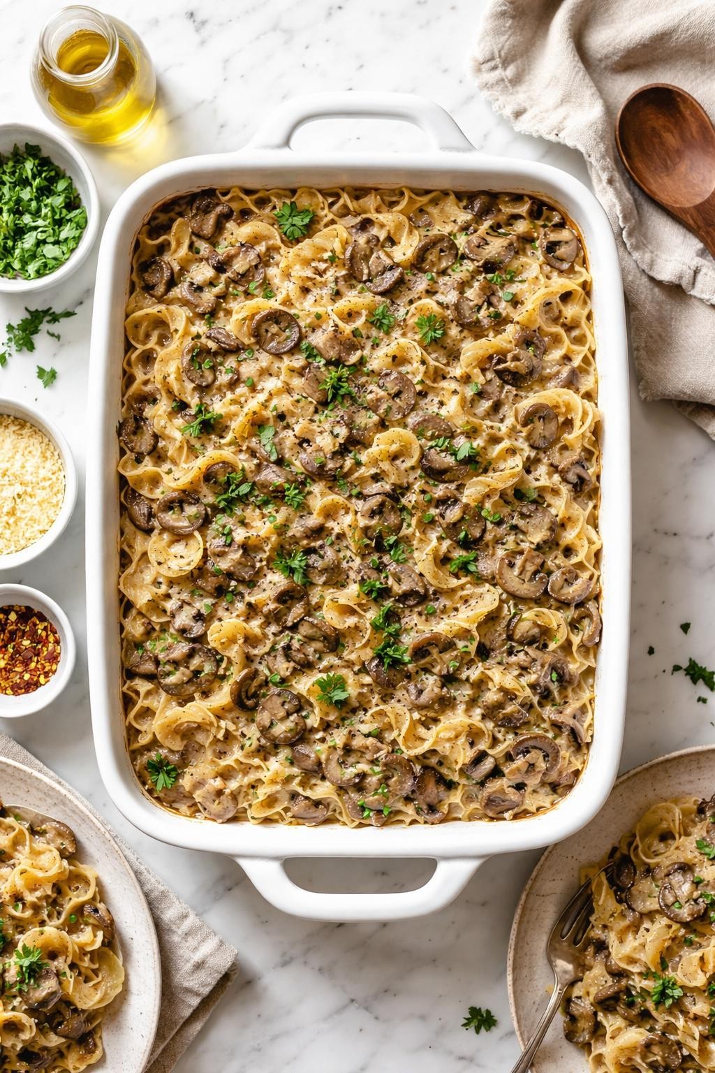 Image Prompt: Top-down realistic food photography of vegan mushroom stroganoff bake on a clean marble countertop, tender pasta baked with creamy mushroom sauce and herbs in a white baking dish, cozy homemade Thanksgiving main dish styling, bright natural daylight, clean editorial composition, high detail, no people, no hands, no text, no watermarks, no props with writing.