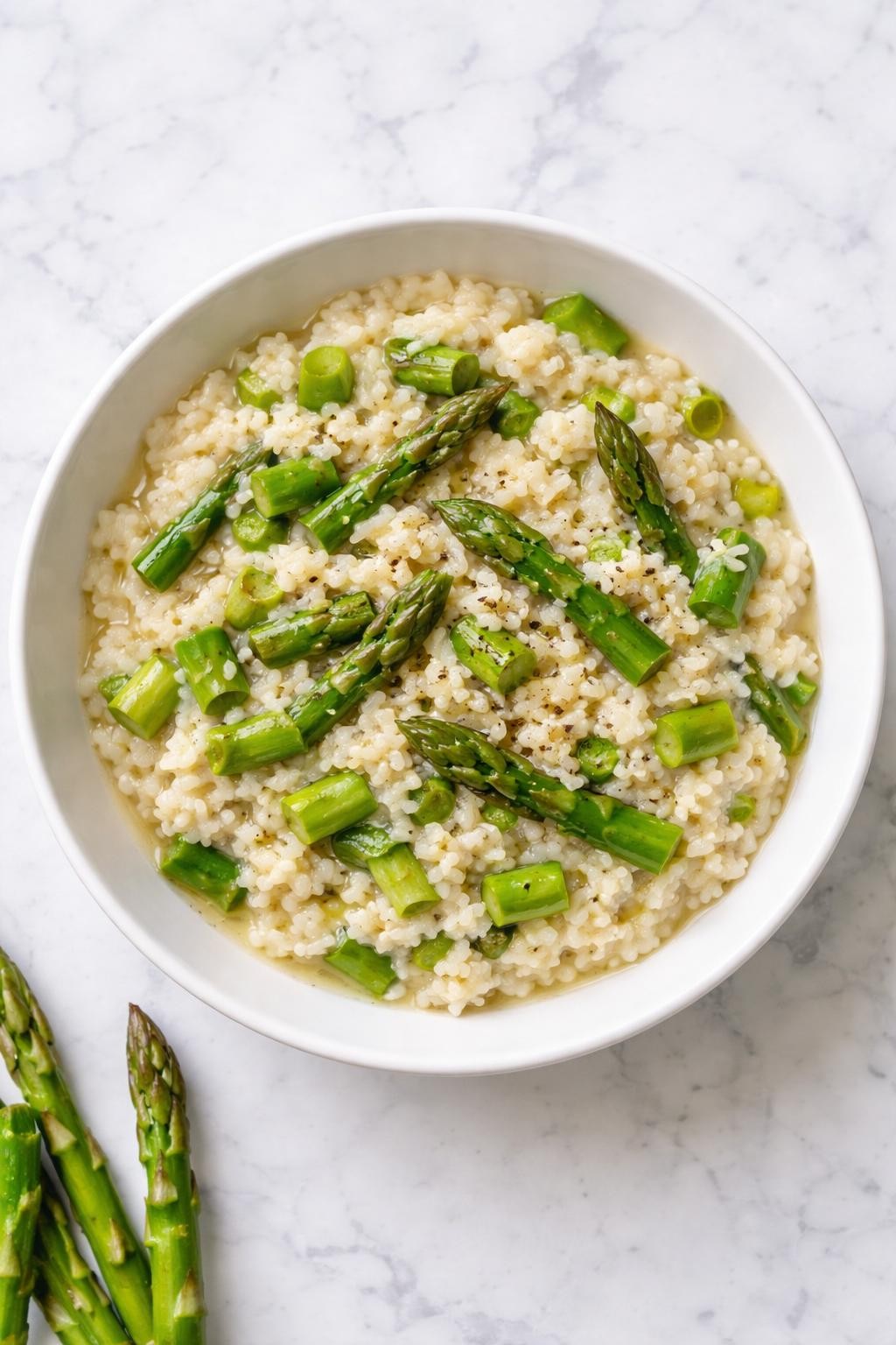 Image Prompt: Top-down realistic food photography of creamy vegan asparagus risotto in a white bowl on a bright marble countertop, glossy arborio rice with tender green asparagus pieces and black pepper, spring-inspired homemade dinner styling, natural daylight, clean editorial composition, high detail, no people, no hands, no text, no watermarks, no props with writing.