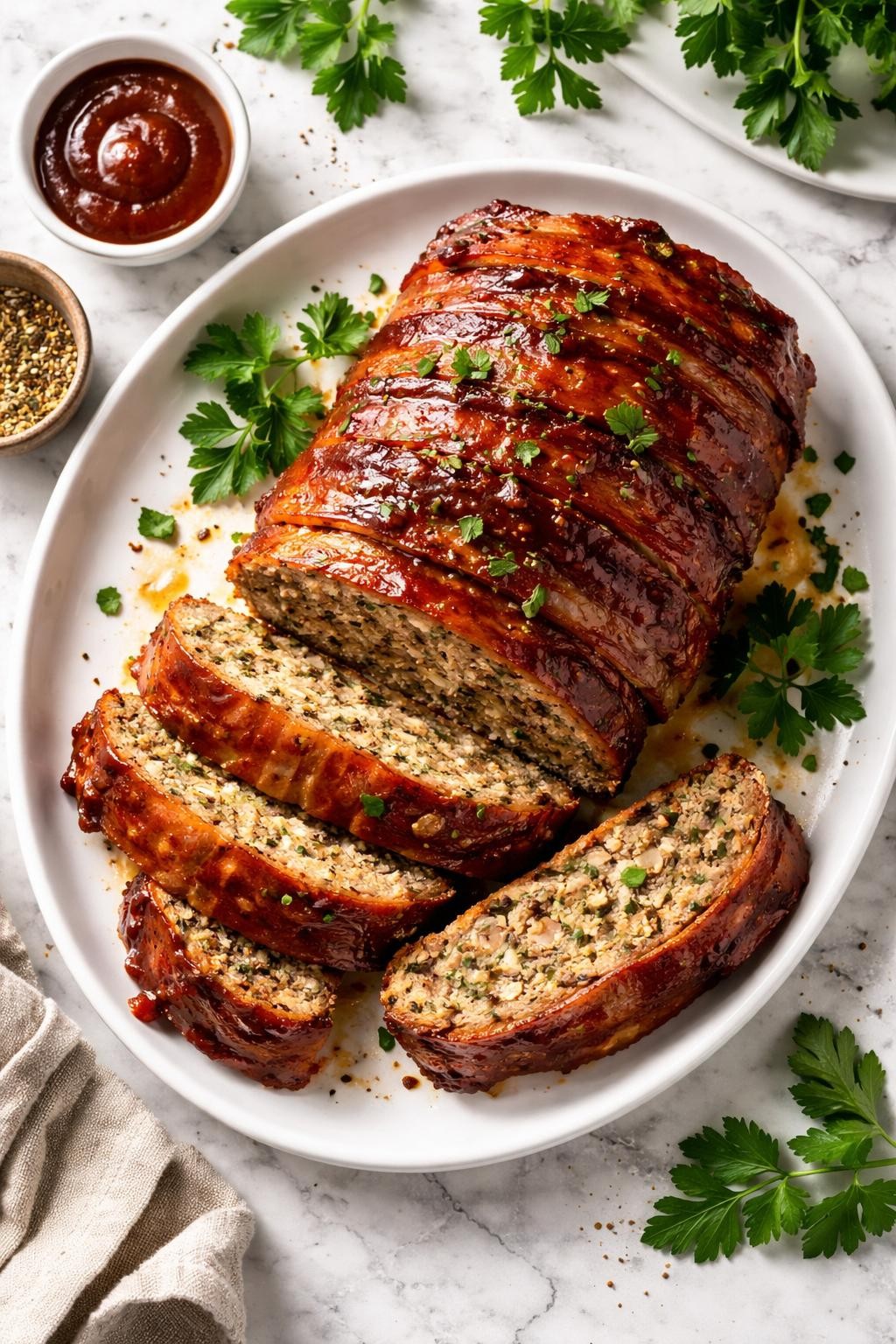 An overheard picture view of a plate of Italian BBQ Meatloaf with Bacon sitting on a marble countertop table in the kitchen, professional food photography style.