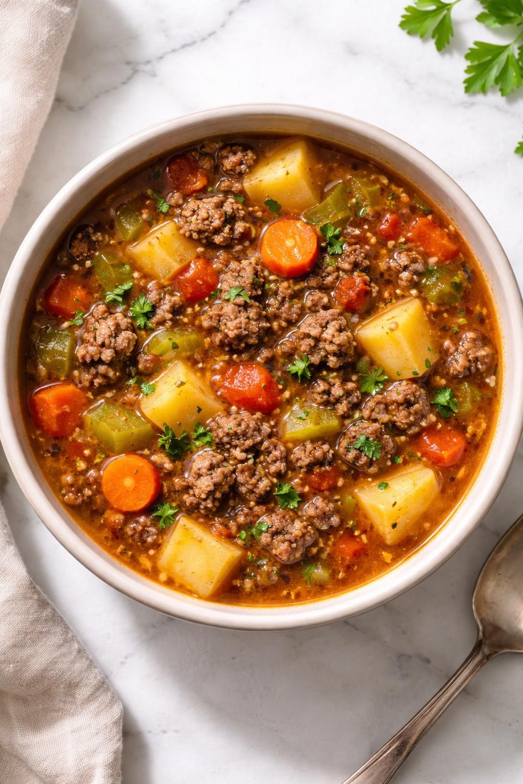 Image Prompt: Realistic top-down editorial food photography of hamburger soup with potatoes in a simple bowl on a white marble countertop, thick savory broth with browned ground beef, tender potato cubes, carrots, celery, and parsley, warm homemade meal mood, bright natural daylight, soft shadows, no people, no hands, no text, no watermarks, no props with writing.