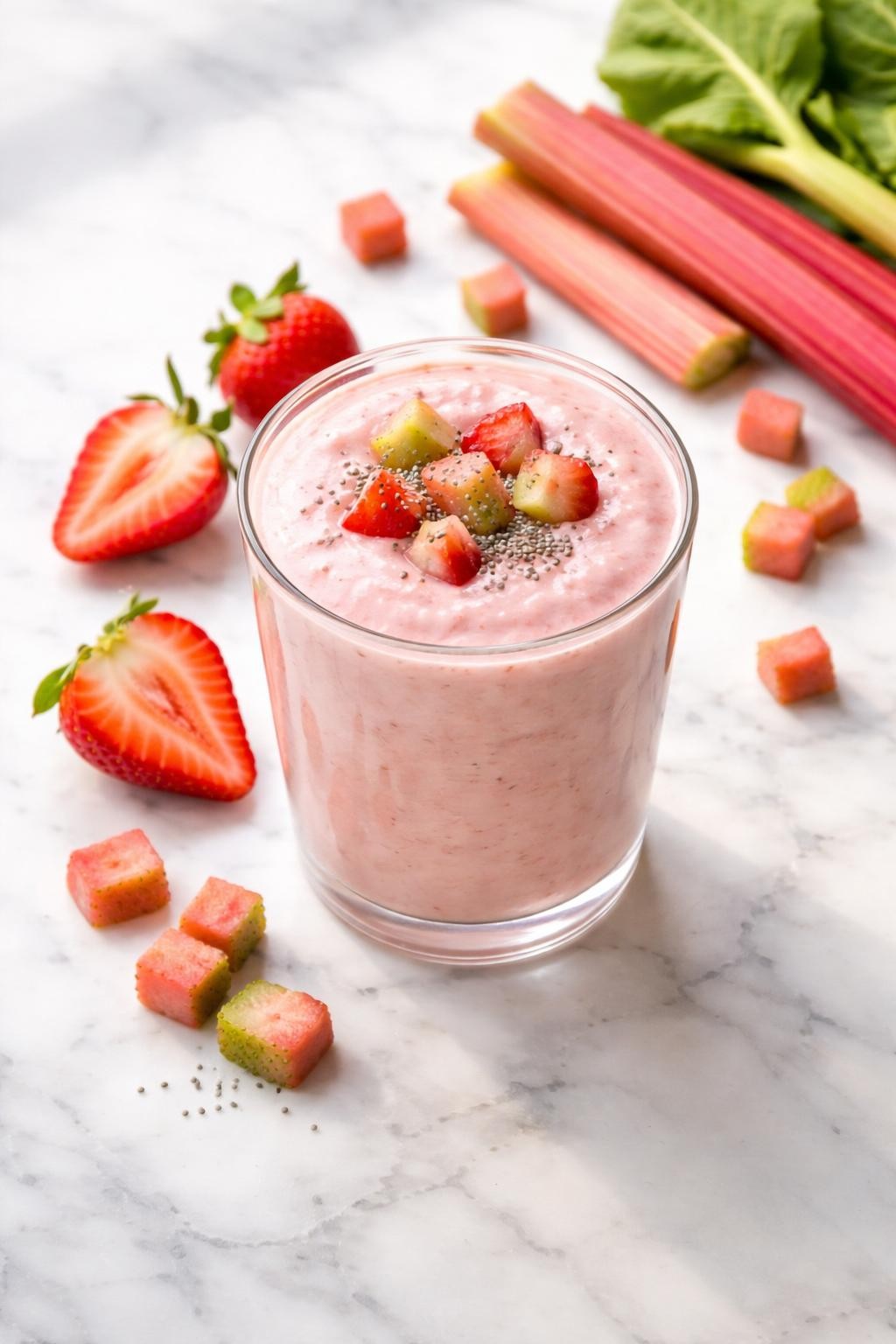Image Prompt: Top-down realistic editorial food photography of a vegan rhubarb smoothie in a clear glass on a white marble countertop, pale pink smoothie with a thick creamy texture, styled with sliced strawberries and rhubarb pieces nearby, bright natural window light, fresh healthy breakfast mood, no people, no hands, no text, no watermarks, no props with writing.