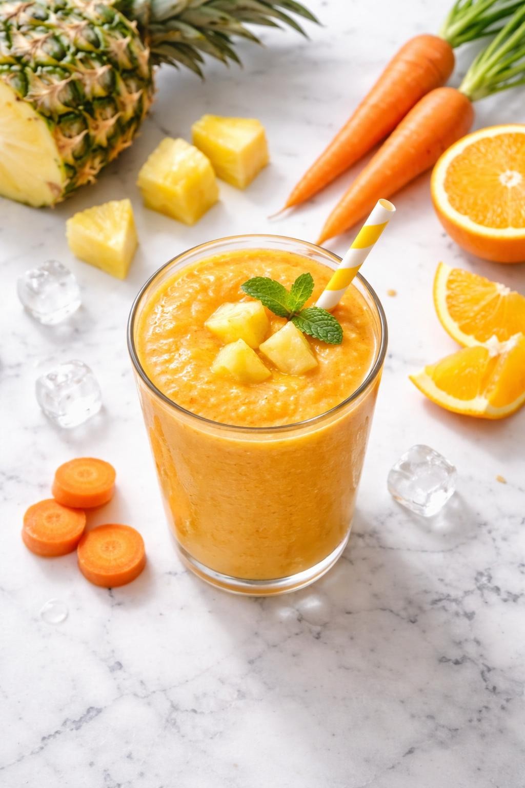 Realistic top-down editorial food photography of a pineapple carrot smoothie served in a clear glass on a clean white marble countertop. The smoothie is bright golden orange, smooth, and fresh-looking, styled with pineapple chunks, carrot pieces, orange slices, and a few ice cubes nearby. Bright natural daylight, clean healthy drink styling, realistic smoothie texture, high detail, no people, no hands, no text, no watermarks, no props with writing.