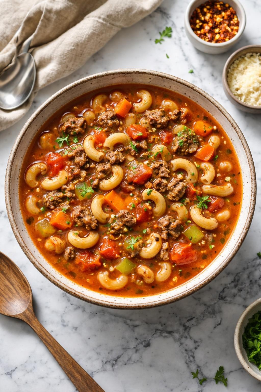 Image Prompt: Realistic top-down editorial food photography of hamburger soup with macaroni in a rustic bowl on a clean white and gray marble countertop, rich tomato broth with browned ground beef, elbow macaroni, carrots, celery, and herbs, hearty family dinner styling, bright natural window lighting, soft shadows, no people, no hands, no text, no watermarks, no props with writing.