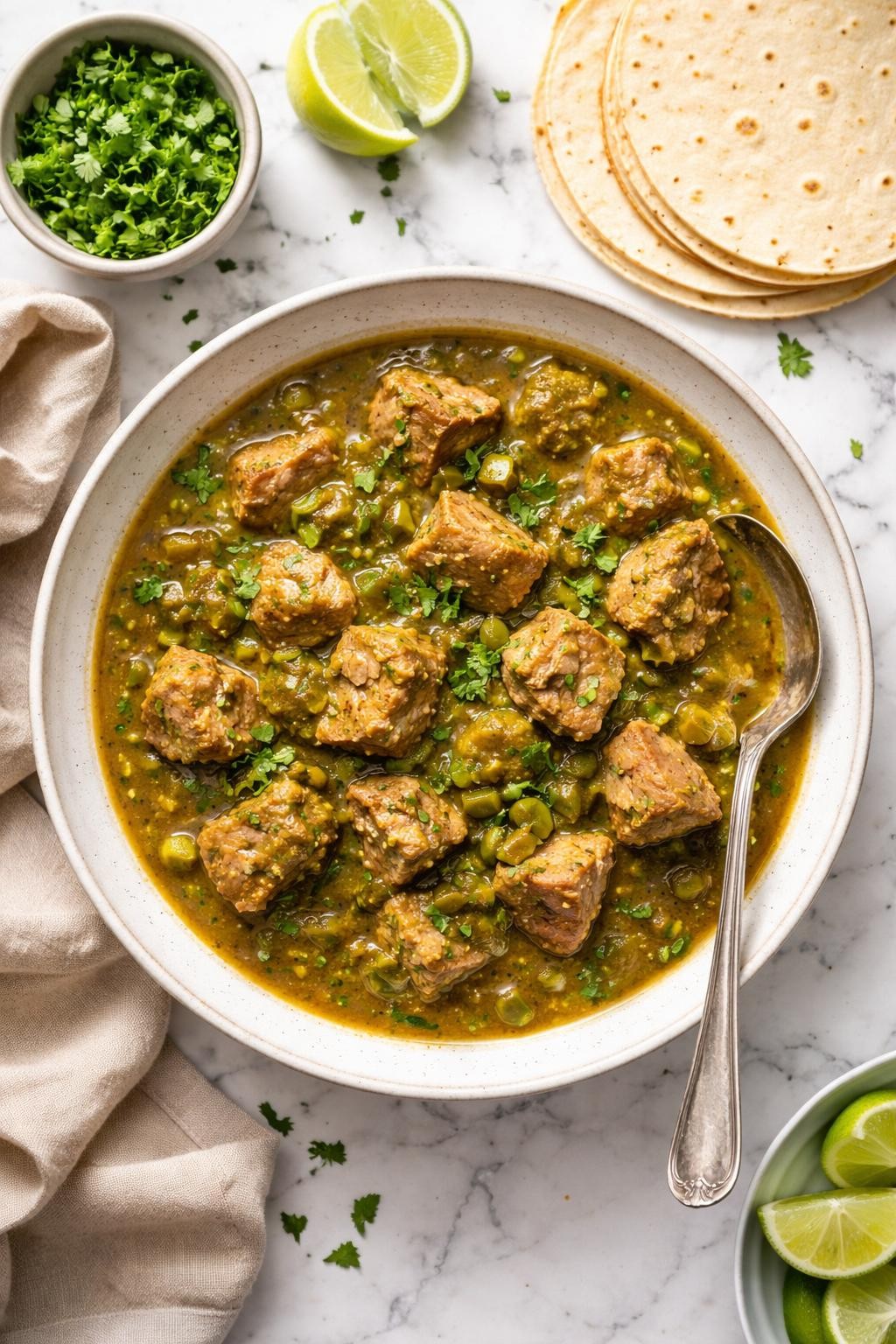 An overheard picture view of a plate of Chile Verde con Puerco sitting on a marble countertop table in the kitchen, professional food photography style.