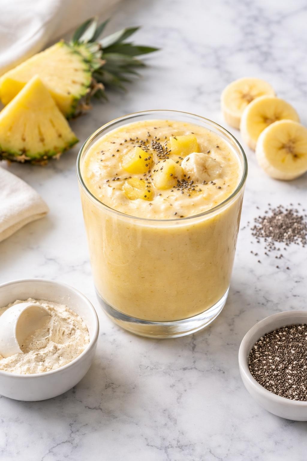Realistic top-down editorial food photography of a creamy pineapple protein smoothie in a clear glass on a clean white and gray marble countertop. The smoothie is golden yellow, thick, and smooth, styled with pineapple chunks, banana slices, a small scoop of plain protein powder in a simple bowl, and chia seeds nearby. Bright natural window lighting, clean healthy breakfast styling, realistic smoothie texture, high detail, no people, no hands, no text, no watermarks, no props with writing.