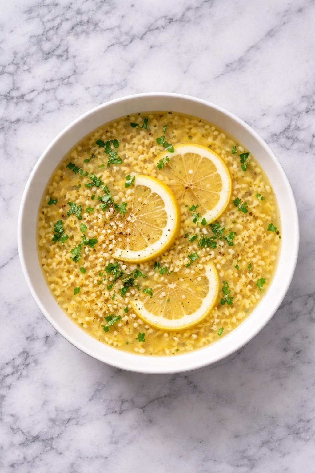 Image Prompt: Realistic top-down editorial food photography of lemon pastina soup in a white bowl on a white and gray marble countertop, tiny pastina pasta in a light golden broth with lemon slices, parsley, and black pepper, fresh comforting homemade soup mood, bright natural daylight, clean editorial styling, no people, no hands, no text, no watermarks, no props with writing.