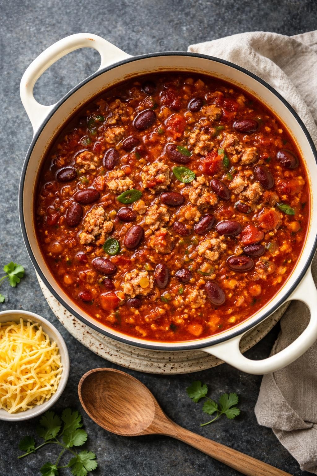 Prompt: Realistic top-down editorial food photography of a large Dutch oven filled with hearty turkey and bean chili, deep red broth with visible kidney beans, ground turkey, diced tomatoes, and chopped onions. A wooden spoon rests on a ceramic trivet beside the pot. A small pile of shredded cheese and a few cilantro leaves are scattered on a dark slate surface nearby. Bright but soft natural light, cozy home cooking feel, no people, no hands, no text, no watermarks, no props with writing.
