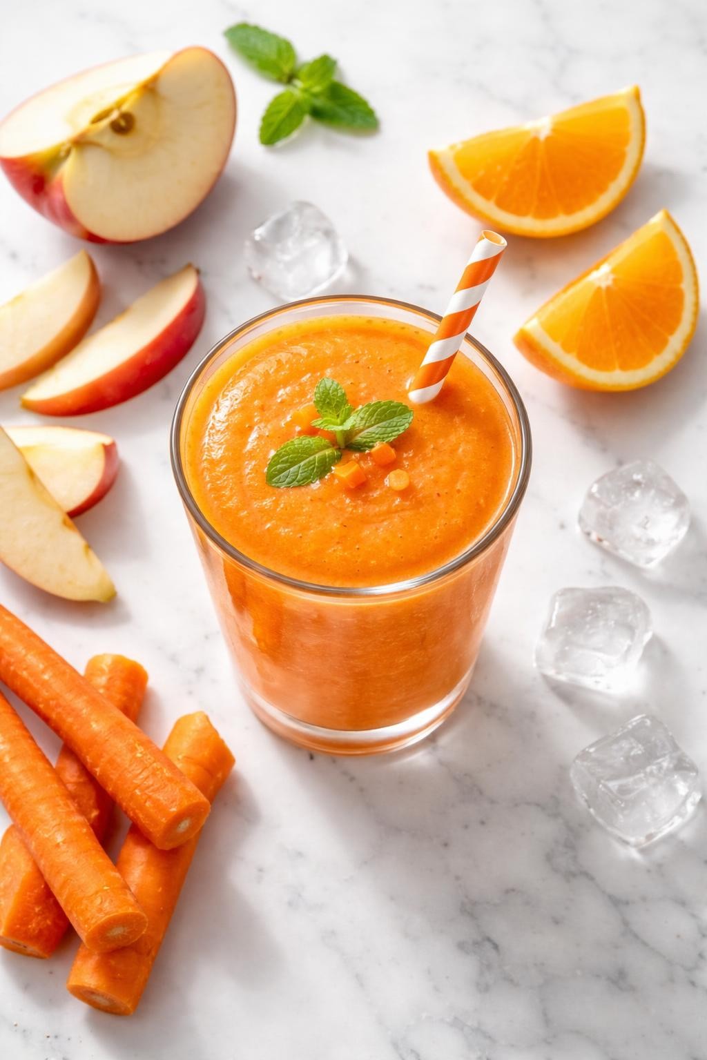 Realistic top-down food photography of an apple carrot smoothie in a clear glass on a clean white marble countertop. The smoothie is bright orange, smooth, and fresh-looking, styled with apple slices, carrot pieces, orange slices, and a few ice cubes nearby. Bright natural daylight, clean healthy drink styling, realistic smoothie texture, high detail, no people, no hands, no text, no watermarks, no props with writing.