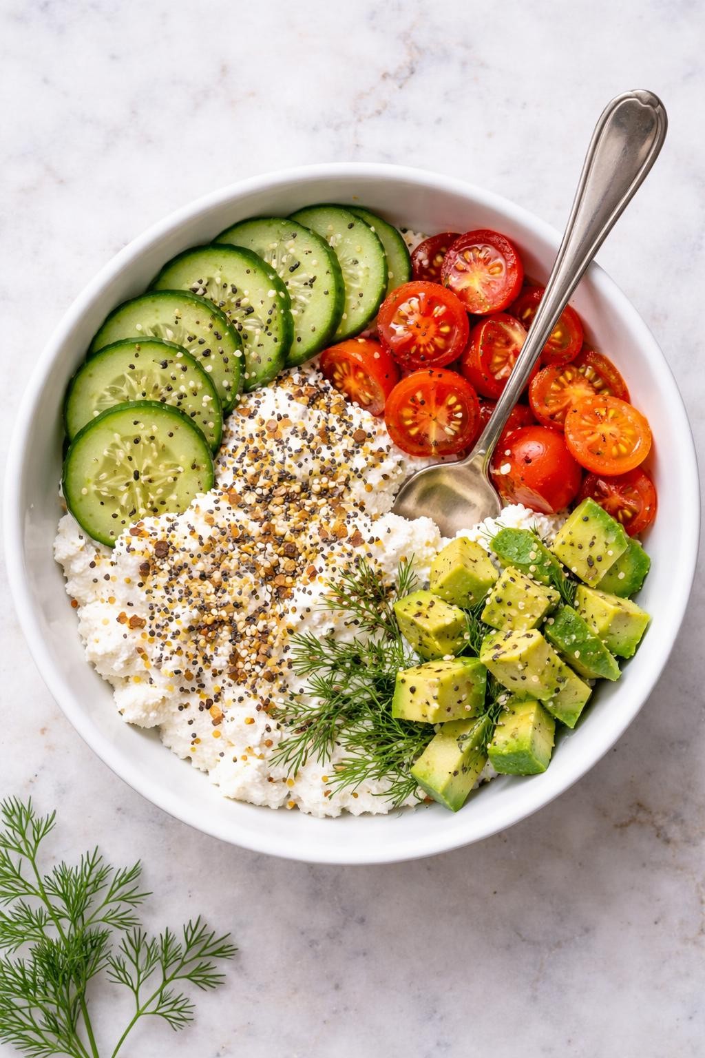 "Top-down realistic photo of a white bowl filled with cottage cheese, topped with everything bagel seasoning, cucumber slices, cherry tomatoes, diced avocado, and a sprinkle of fresh dill. A spoon resting on the rim. Bright natural light, high-protein no-cook breakfast, no people, no hands, no text, no watermarks."