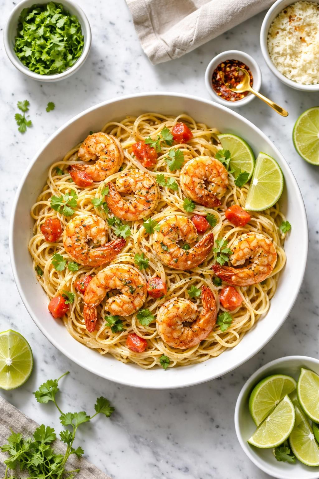 Image Prompt: Realistic top-down editorial food photography of Mexican shrimp pasta on a clean white and gray marble countertop, pasta tossed with seasoned shrimp, garlic, diced tomatoes, lime, cilantro, and light creamy sauce, bright natural window lighting, soft shadows, fresh homemade dinner styling, high detail, realistic food texture, no people, no hands, no text, no watermarks, no props with writing.
