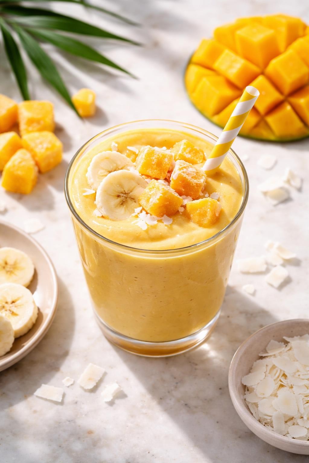 Realistic top-down editorial food photography of a creamy frozen mango smoothie in a clear glass on a light marble countertop. The smoothie is golden yellow, thick, smooth, and cold, styled with frozen mango cubes, banana slices, and a few coconut flakes nearby. Bright natural daylight, clean tropical breakfast mood, soft shadows, realistic smoothie texture, high detail, no people, no hands, no text, no watermarks, no props with writing.