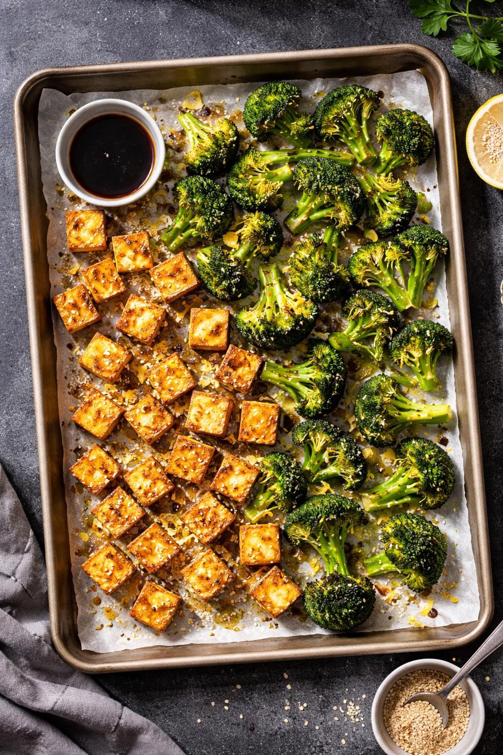 "Realistic top-down food photography of a sheet pan on a dark countertop. The pan has cubes of baked tofu and broccoli florets, both golden and slightly crispy. Lemon zest and sesame seeds scattered on top. A small bowl of soy sauce on the side. Bright afternoon light, vegan and high-protein weeknight dinner, no people, no hands, no text, no watermarks."