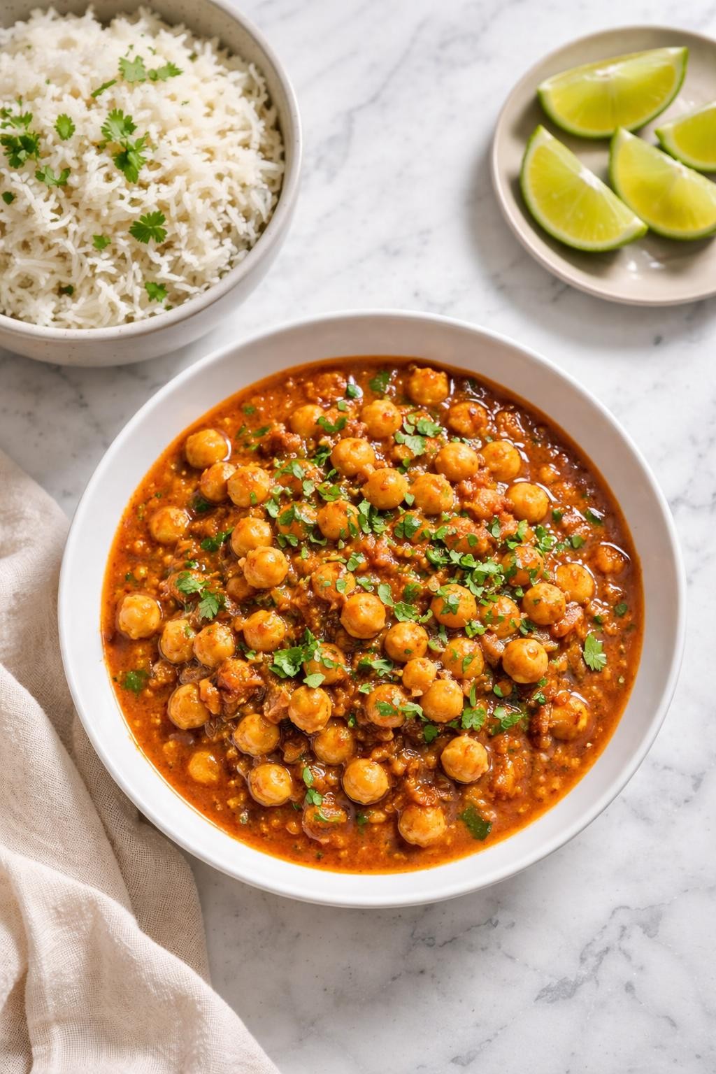 Image Prompt: Realistic top-down editorial food photography of chana masala in a shallow white bowl on a clean white and gray marble countertop, tender chickpeas in a rich red tomato onion gravy with visible garlic, ginger, cilantro, and warm Indian spices, served with fluffy basmati rice and lime wedges nearby, cozy homemade vegan dinner mood, bright natural window lighting, soft shadows, clean composition, high detail, realistic food texture, no people, no hands, no text, no watermarks, no props with writing.