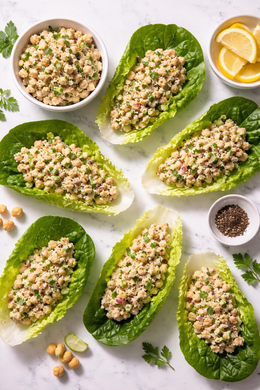 Image Prompt: Top-down realistic editorial food photography of chickpea salad lettuce wraps on a clean white marble countertop, crisp lettuce leaves filled with creamy mashed chickpea salad made with celery, red onion, and herbs, neatly arranged with a fresh homemade lunch mood, bright natural light, soft shadows, clean composition, high detail, realistic food texture, no people, no hands, no text, no watermarks, no props with writing.