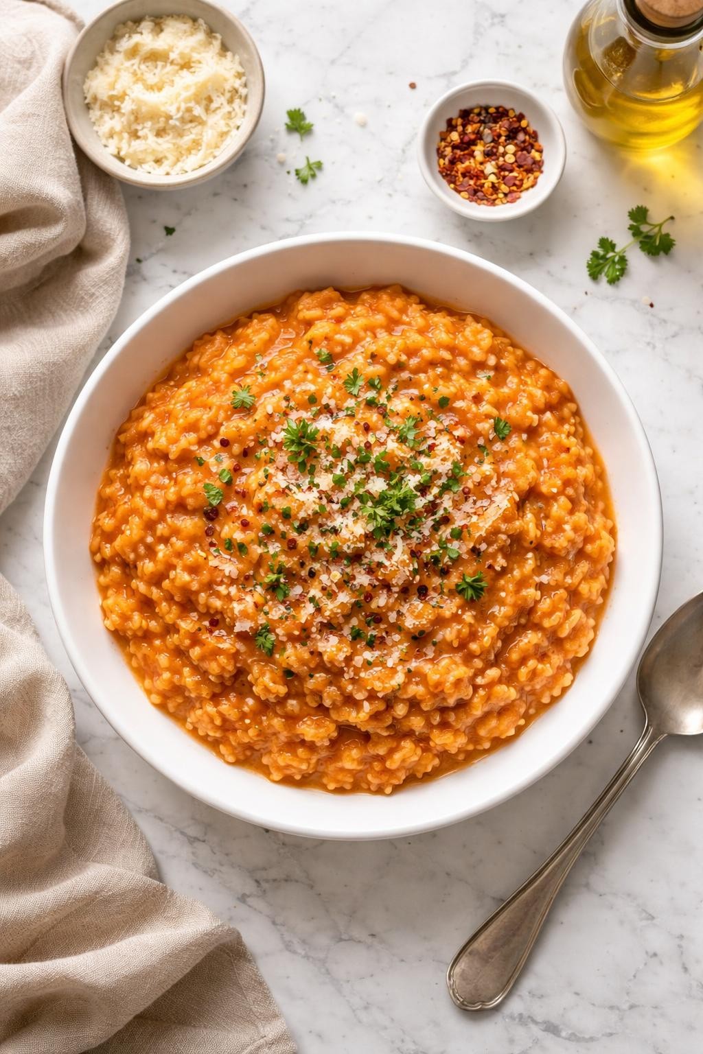 Image Prompt: Top-down realistic editorial food photography of vegan roasted red pepper risotto in a white bowl on a clean white marble countertop, creamy arborio rice tinted light orange from blended roasted red peppers, glossy texture with herbs on top, cozy homemade dinner styling, bright natural daylight, high detail, no people, no hands, no text, no watermarks, no props with writing.