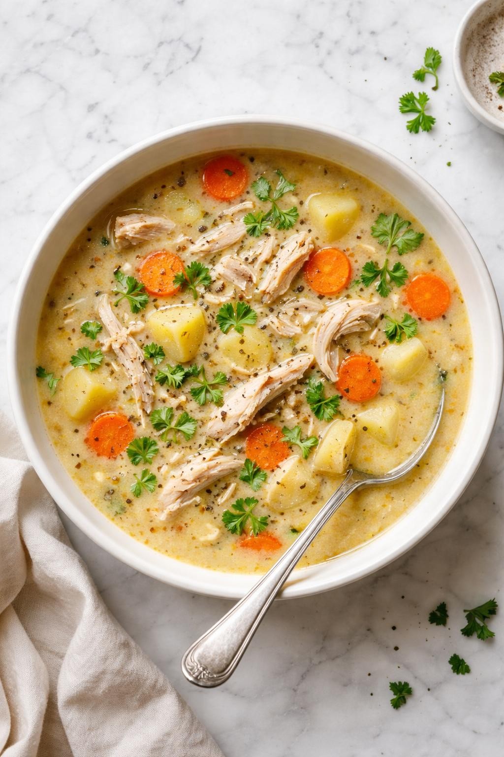 Image Prompt: Realistic top-down editorial food photography of creamy chicken thigh soup in a white ceramic bowl on a clean marble countertop, rich pale golden soup with tender shredded chicken thighs, potatoes, carrots, and herbs, cozy homemade comfort food styling, bright natural daylight, soft shadows, no people, no hands, no text, no watermarks, no props with writing.