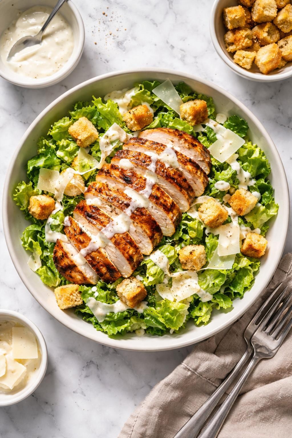 Image Prompt: Realistic top-down editorial food photography of a grilled chicken Caesar salad in a shallow ceramic bowl on a white marble countertop, chopped romaine lettuce topped with sliced grilled chicken, shaved parmesan, crunchy croutons, and creamy Caesar dressing, bright natural light, soft shadows, clean food styling, cozy homemade lunch mood, high detail, realistic texture, no people, no hands, no text, no watermarks, no props with writing.