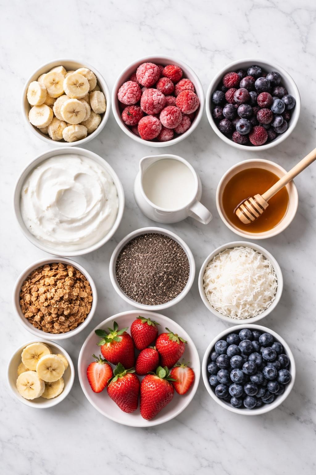Prompt: A realistic top-down flat lay food photography image of thick smoothie bowl ingredients arranged neatly on a countertop marble table. Include frozen banana slices, frozen strawberries, frozen mixed berries, thick Greek yogurt, almond milk, honey, granola, chia seeds, shredded coconut, fresh banana slices, fresh strawberries, and blueberries. Clean bright natural light, simple organized layout, no people, no hands, no text, no watermarks, no props with writing.