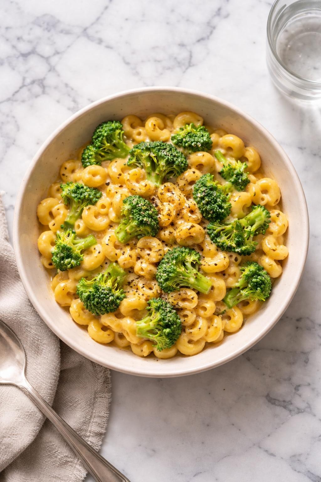 Image Prompt: Top-down realistic editorial food photography of a bowl of creamy vegan mac and broccoli on a clean white and gray marble countertop, elbow macaroni coated in a rich golden dairy-free cheese sauce with tender broccoli florets mixed throughout, cracked black pepper sprinkled on top, cozy homemade comfort food mood, bright natural window lighting, soft shadows, clean composition, high detail, realistic food texture, no people, no hands, no text, no watermarks, no props with writing.